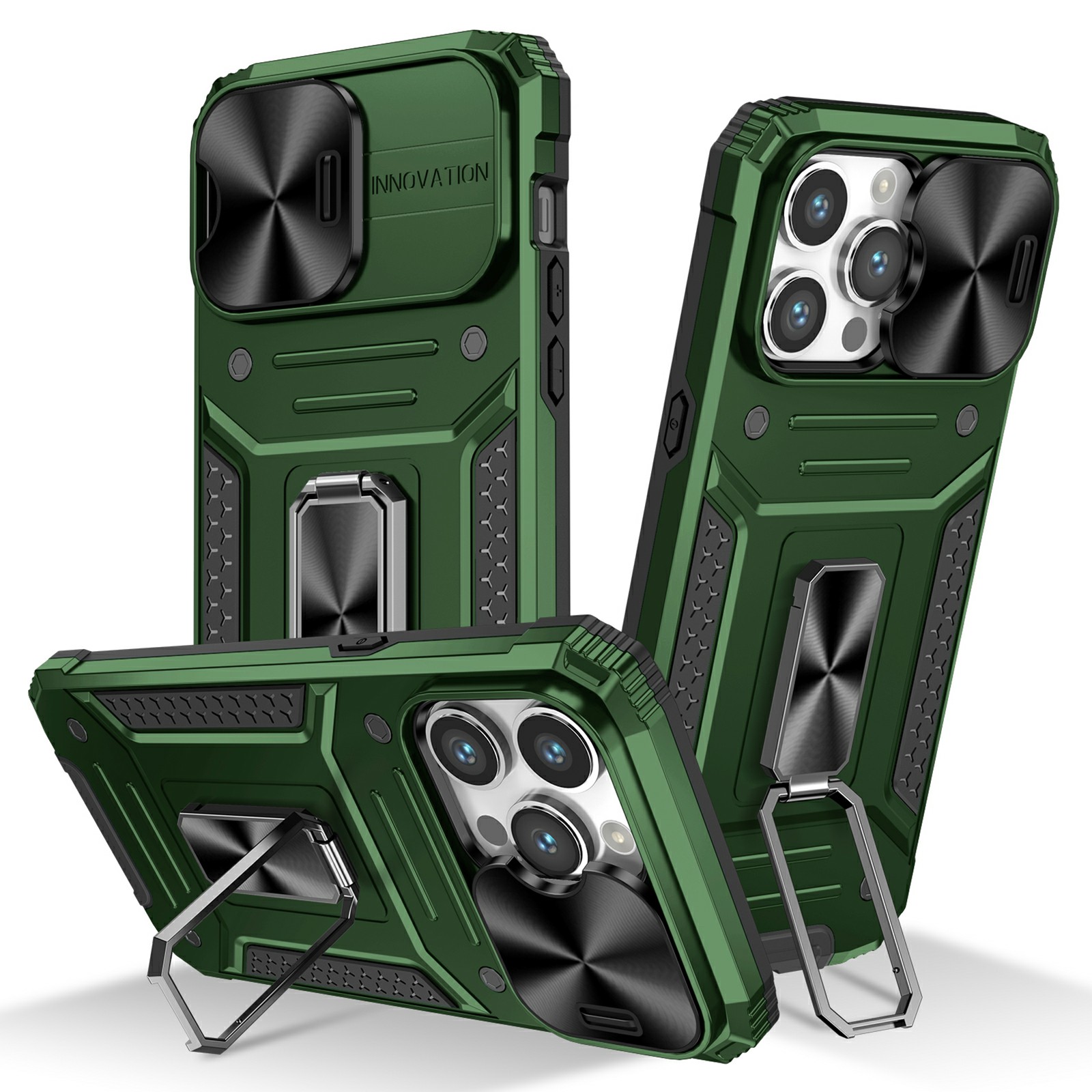 

Für Das Iphone 15 Pro-objektivschutz-telefonfall Anti-kratzer-pc+tpu-kickstand-cover - Grün, iPhone 15 Pro