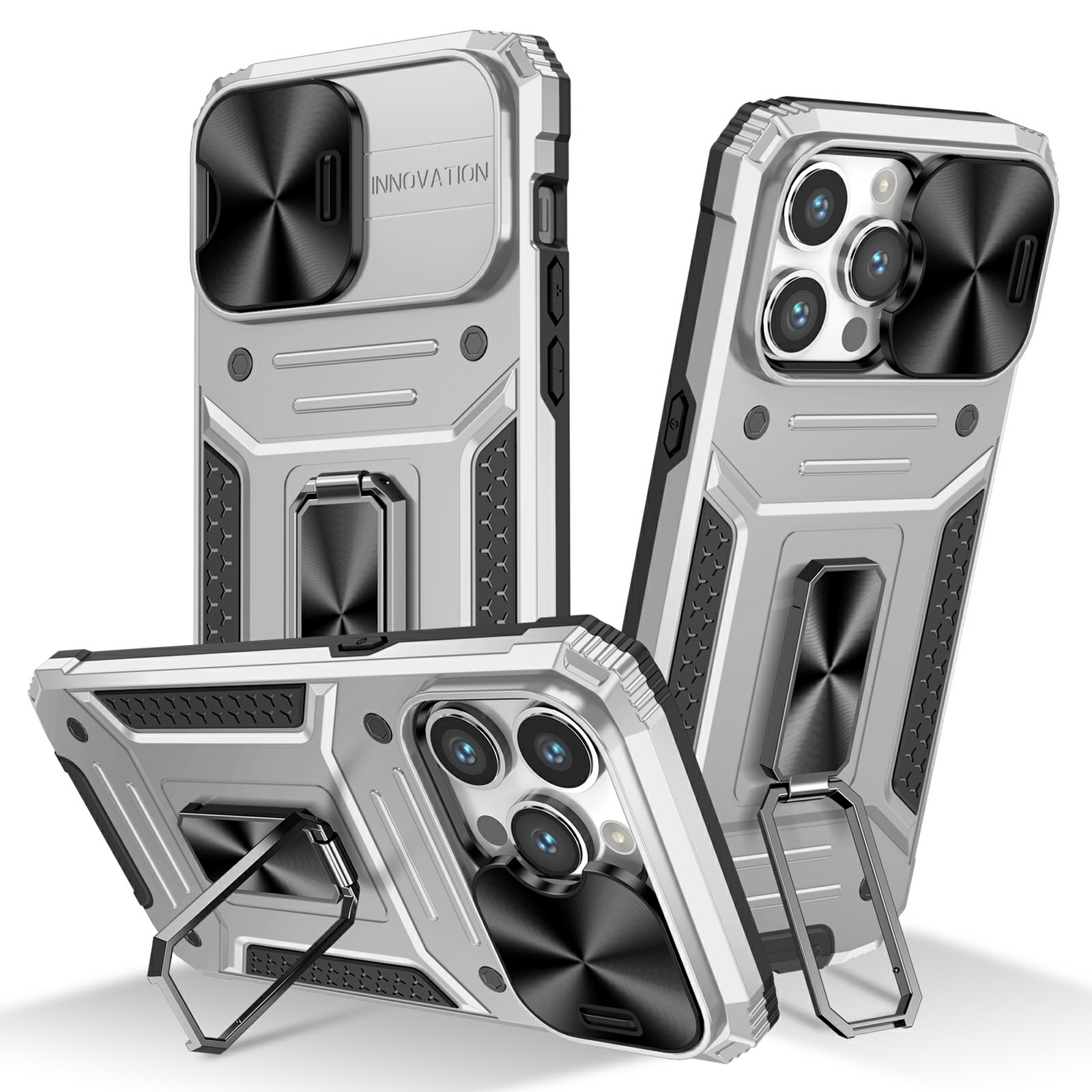 

Für Das Iphone 15 Pro Max Kickstand Phone Case PC+TPU -folienkamera -schutz Telefonabdeckung - Silber, iPhone 15 Pro Max