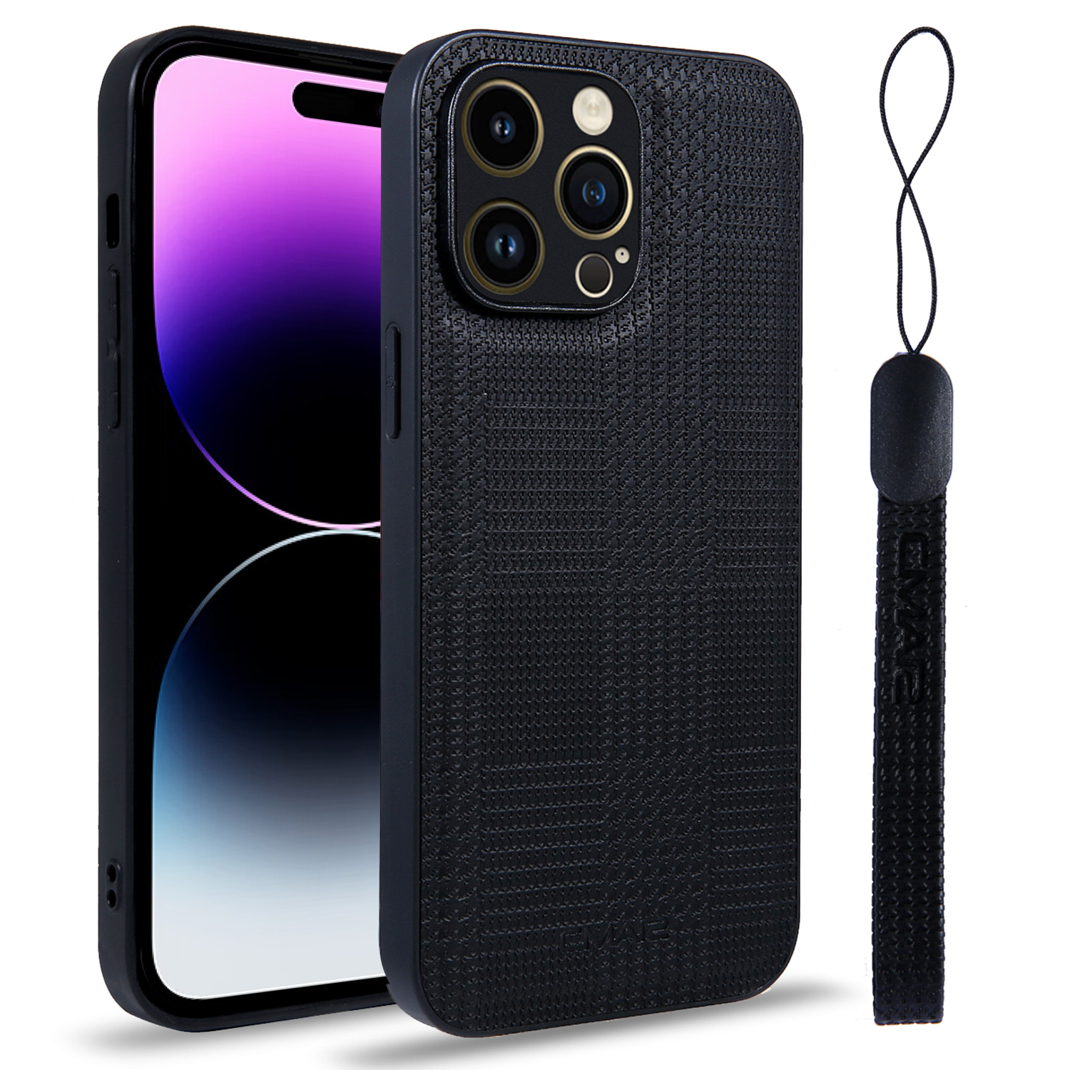 

CMAI2 Strukturierte Geprägte PU+PC+TPU -telefonhülle Für Iphone 14 Pro Protective Slim Cover Mit Riemen - Schwarz, iPhone 14 Pro