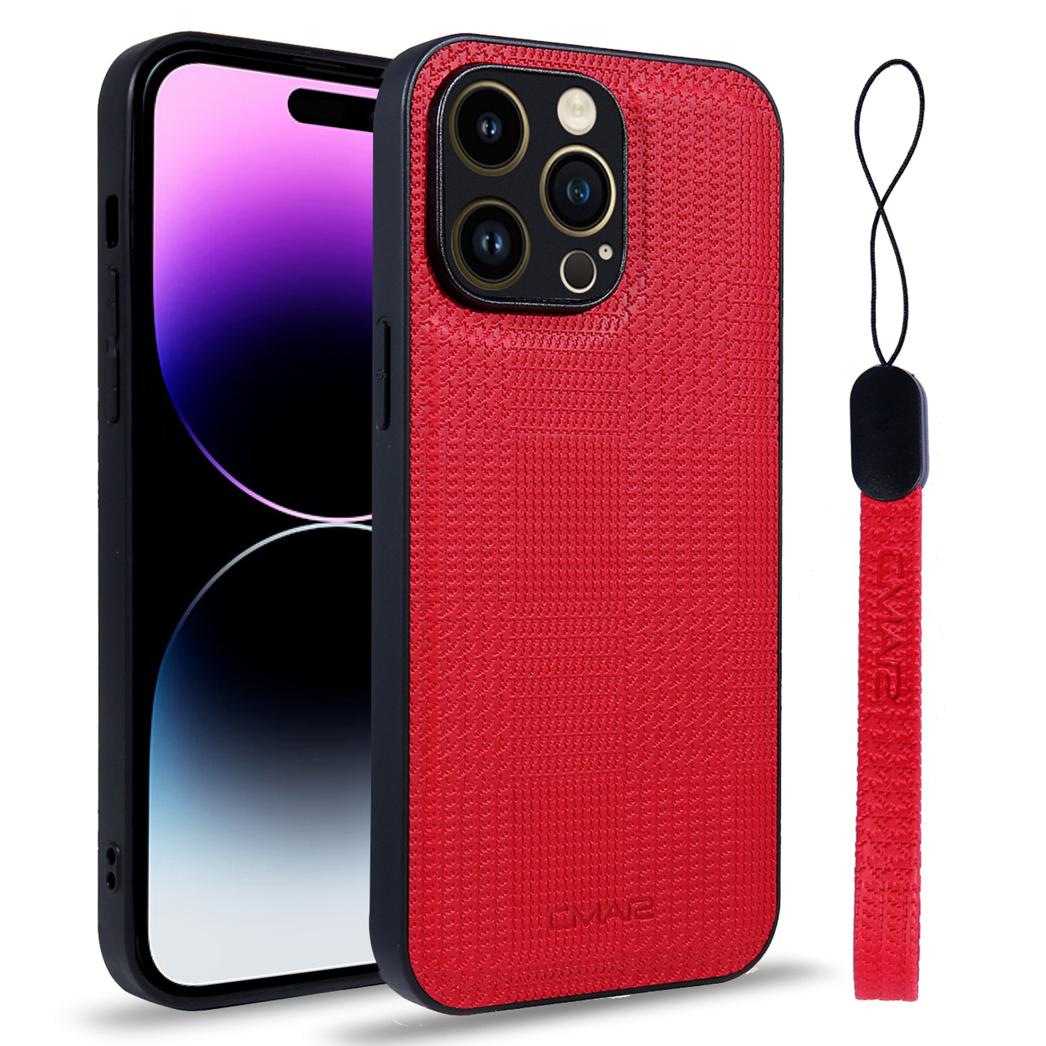 

CMAI2 Textured Geprinte PU+PC+TPU -telefonhülle Für Iphone 14 Pro Protective Slim Cover Mit Riemen - Rot, iPhone 14 Pro