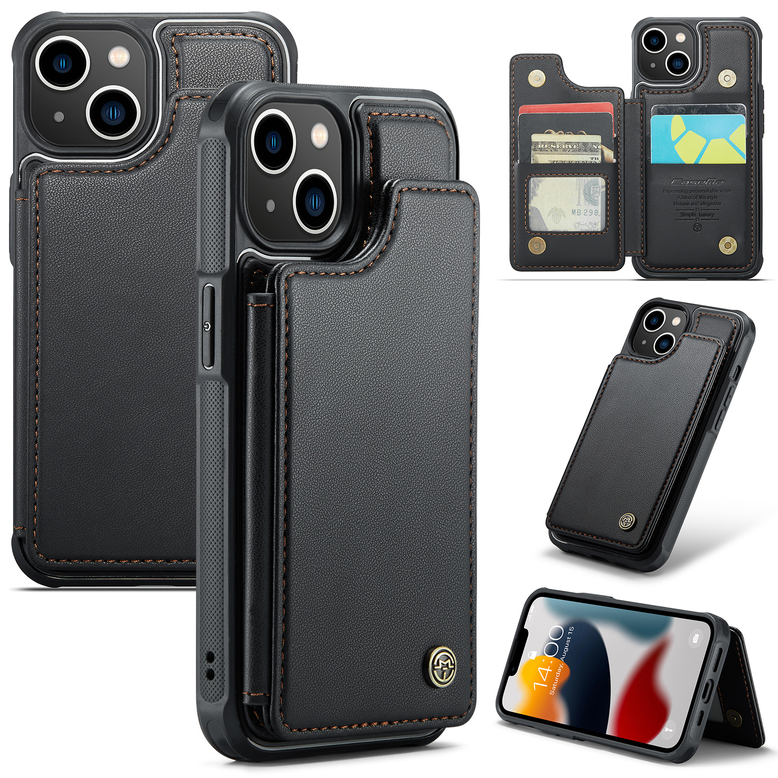 

Caseme C22 -kartenschlitze Telefonhülle Für Iphone 13, RFID -blockierung Von Leder+tpu -kickständer Cover - Schwarz, iPhone 13