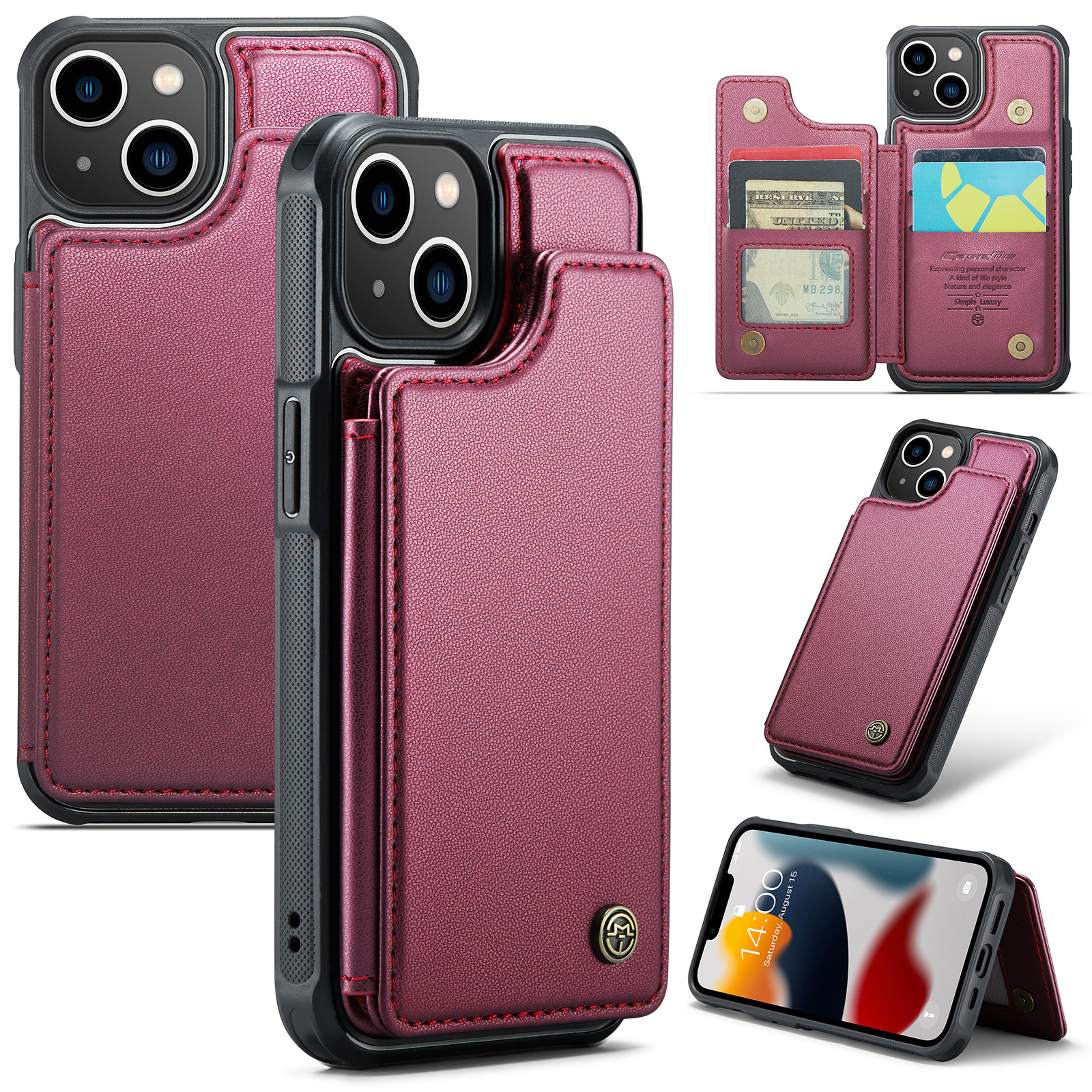 

Caseme C22 -kartenschlitze Telefonhülle Für Iphone 13, RFID -blockierung Von Leder+tpu -kickständer Cover - Weinrot, iPhone 13