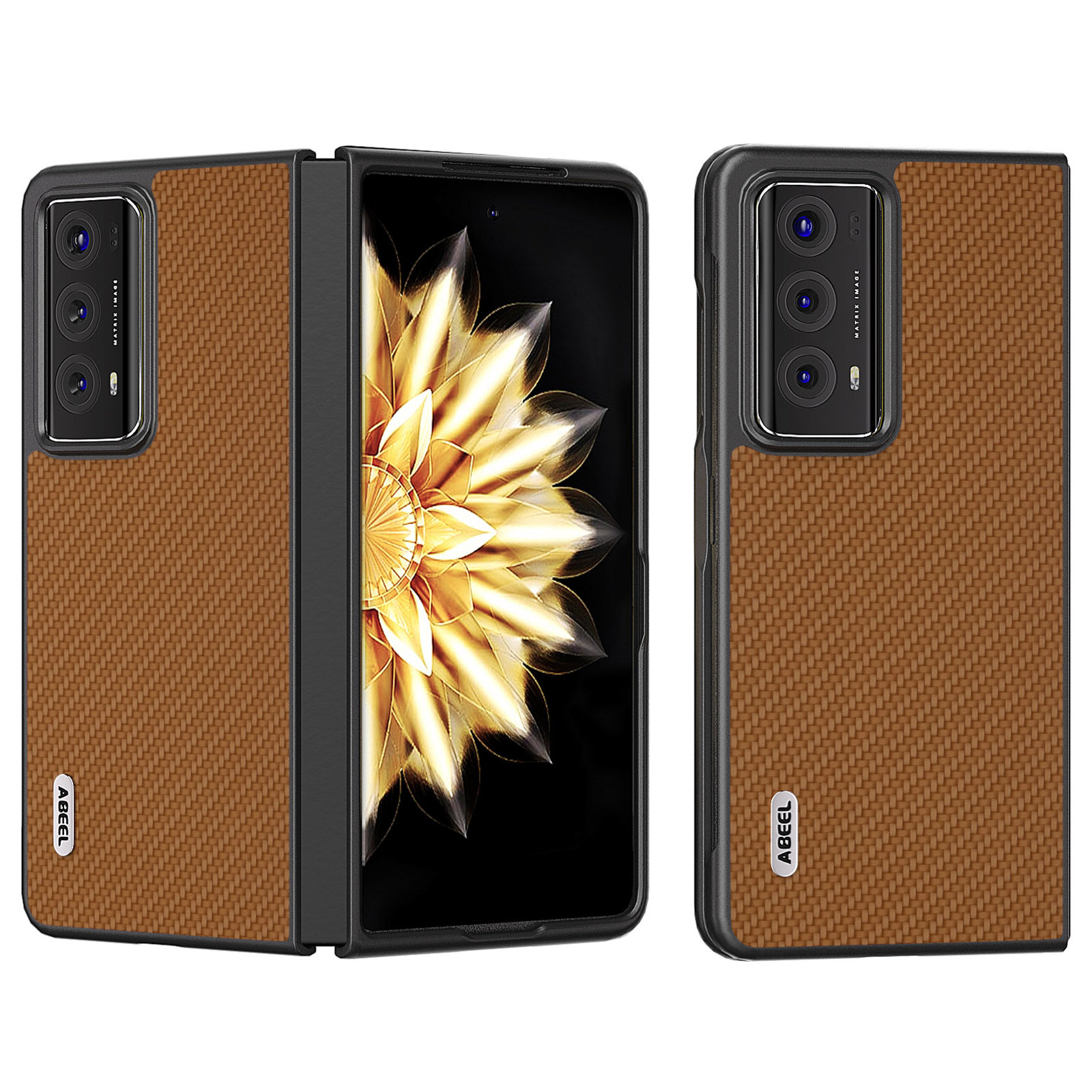 

ABEEL Für Ehrenmagie V2 5G Hartes PC + PU -schutzhülle Kohlefaser Textur Faltet Telefonabdeckung - Hellbraun, Honor Magic V2 5G