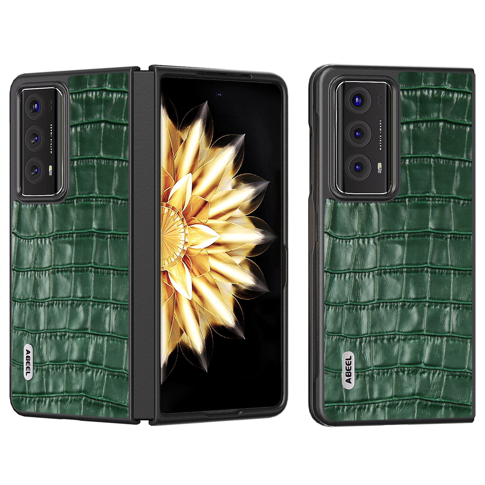 

ABEEL Für Ehrenmagie V2 5G Echtes Kuhleder + PC Cover Crocodile Textur Stoßdelikte Telefonhülle - Grün, Honor Magic V2 5G