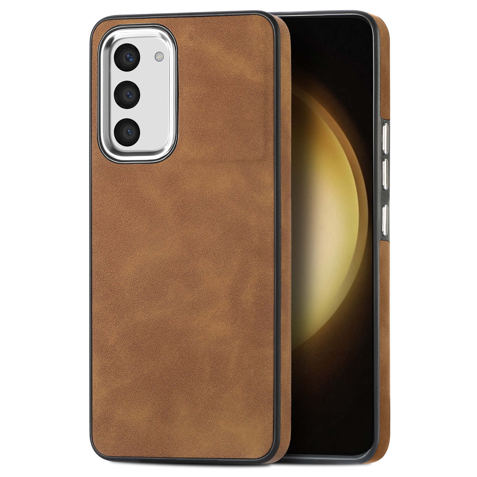 

Für Samsung Galaxy S23 Skin-touch Texture Phone Hülle PU Leder+tpu-elektroplations-kamera-rahmenabdeckung - Braun, Galaxy S23