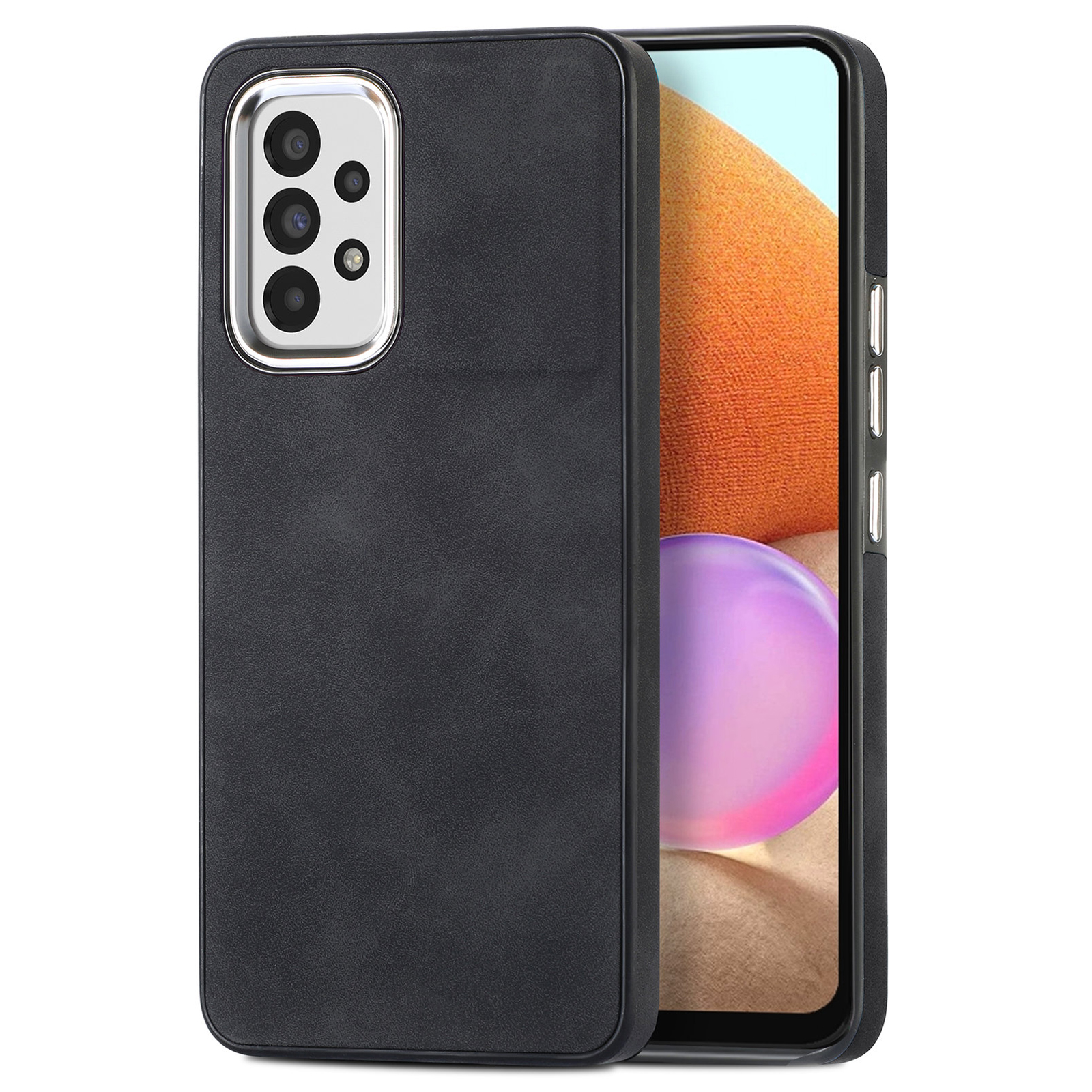 

Für Samsung Galaxy A32 4G (eu-version) Hauttouch Ohne Schlupfabdeckung Pu-leder-beschichtete Tpu-telefonhülle Mit Elektroplierendem Kamera-rahmen - Schwarz, Samsung Galaxy A32 4G (EU Version)