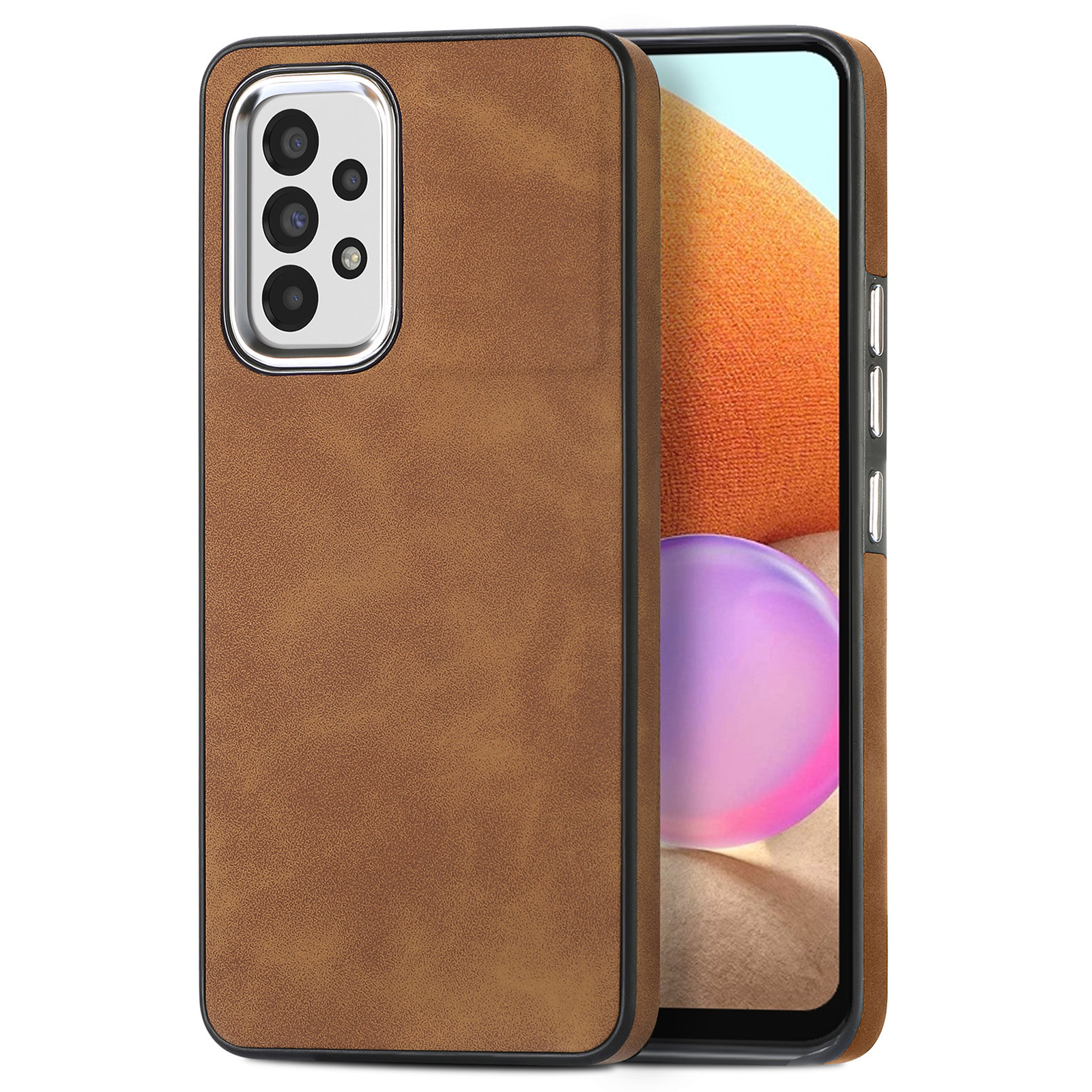 

Für Samsung Galaxy A32 4G (eu-version) Hauttouch Ohne Schlupfabdeckung Pu-leder-beschichtete Tpu-telefonhülle Mit Elektroplierendem Kamera-rahmen - Braun, Samsung Galaxy A32 4G (EU Version)
