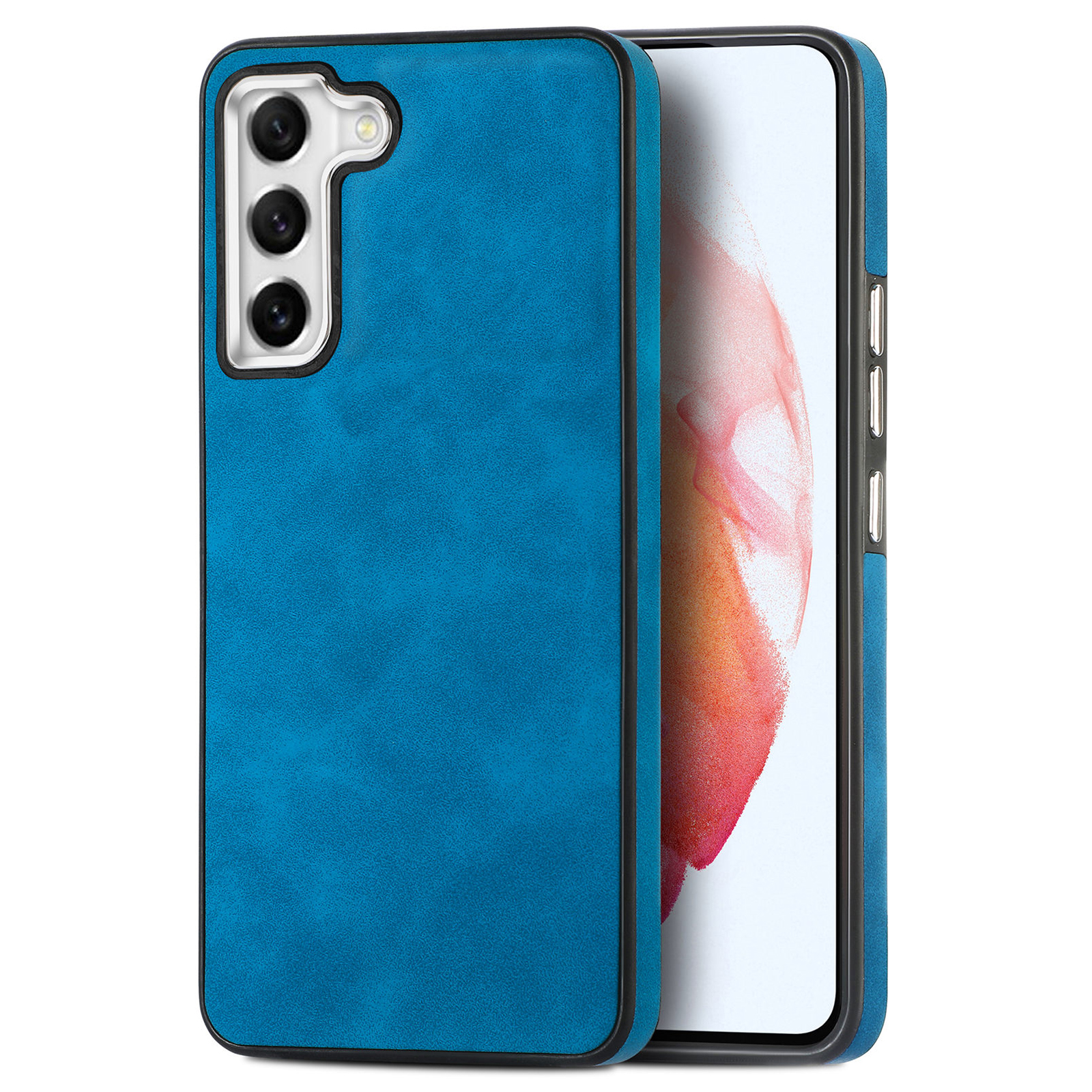

Für Samsung Galaxy S21 fe 5G Electroplating Kameramamerahmen Schutzhülle Pu-lederschicht TPU Skin-touch-telefonabdeckung - Dunkelblau, Galaxy S21 FE 5G