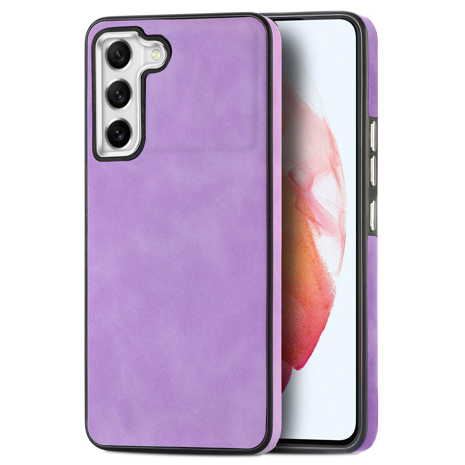 

Für Samsung Galaxy S21 fe 5G Electroplating Kameramamerahmen Schutzhülle Pu-lederschicht TPU Skin-touch-telefonabdeckung - Helles Lila, Galaxy S21 FE 5G