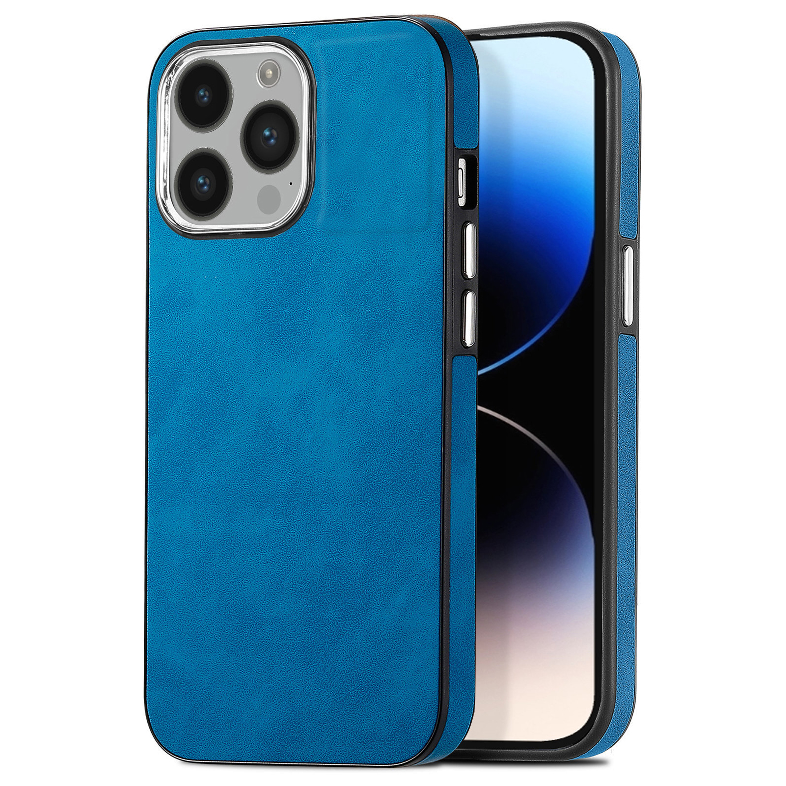 

Für Iphone 14 Pro Back Shell Electroplating Kamera Rahmen Haut-touch-leder-beschichtete Tpu-telefonabdeckung - Dunkelblau, iPhone 14 Pro