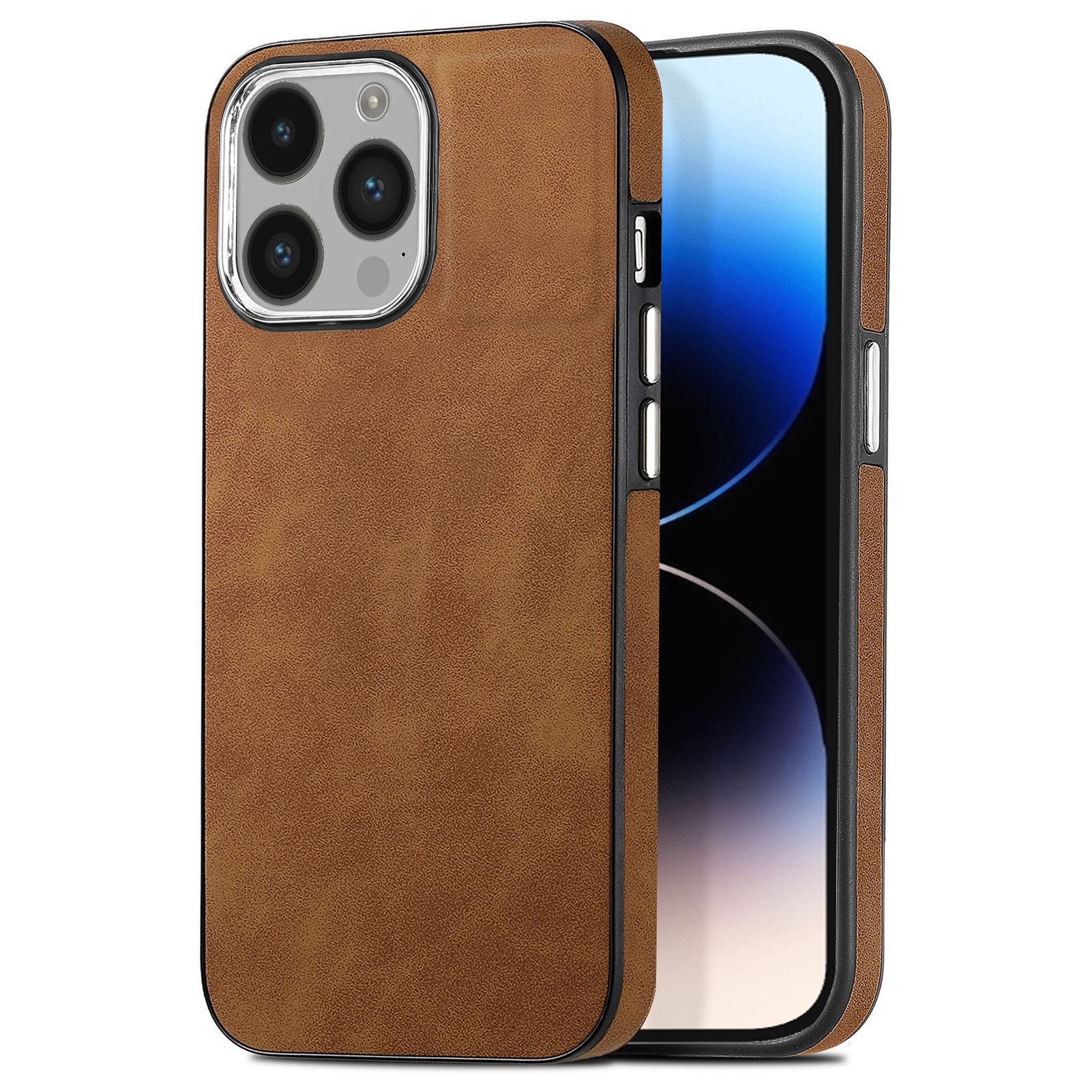 

Für Iphone 14 Pro Back Shell Electroplating Kamera Rahmen Haut-touch-leder-beschichtete Tpu-telefonabdeckung - Braun, iPhone 14 Pro