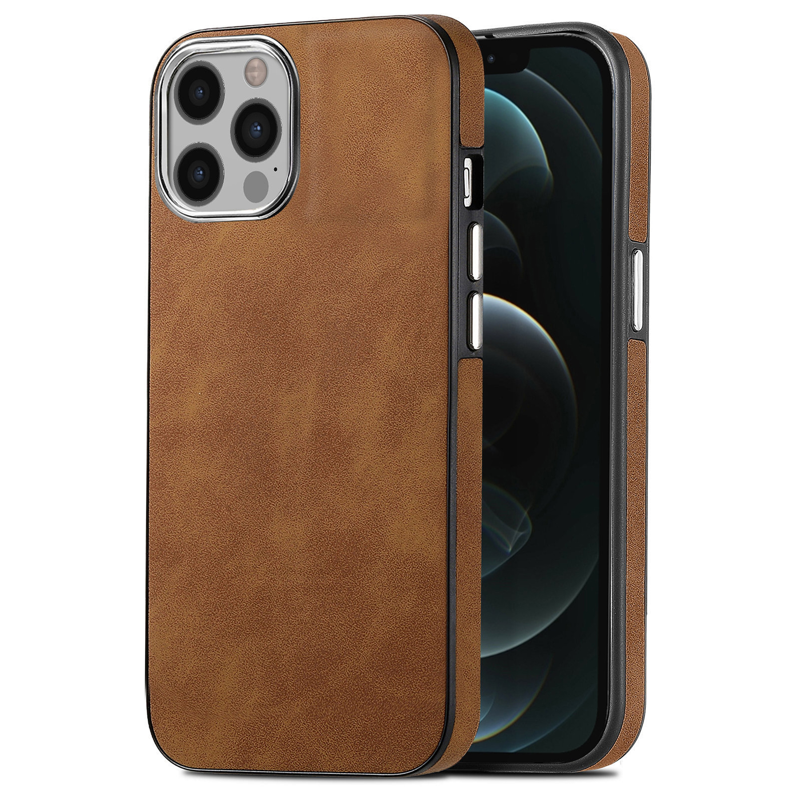 

Bump Proof Case Für Iphone 12 / 12 Pro 6,1 Zoll, Elektroplierende Kamera Rahmen Hauttouch Mit Lederschicht Mit Tpu-telefonabdeckung - Braun, iPhone 12