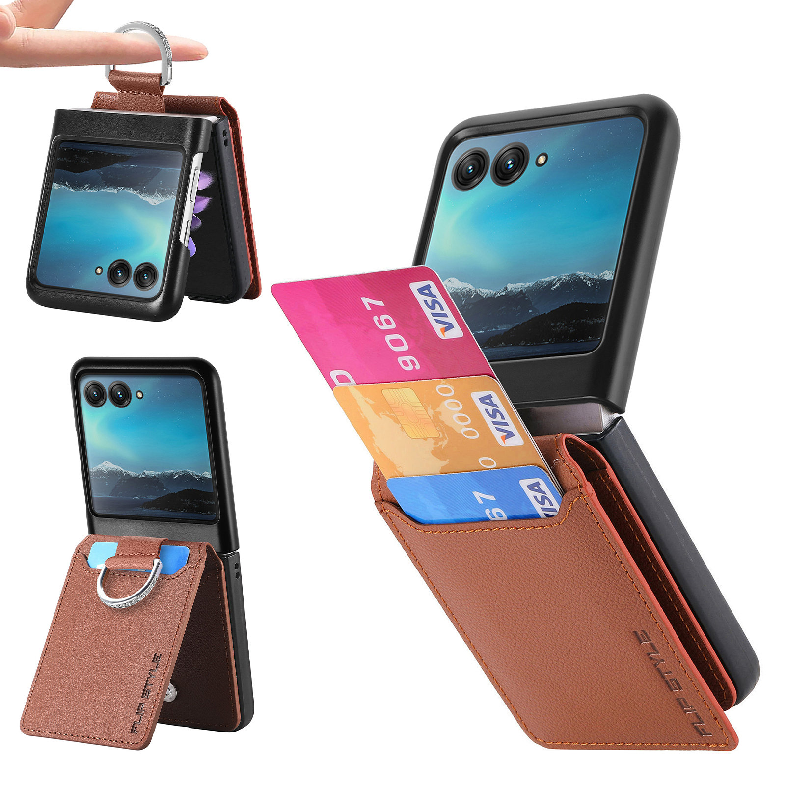 

Kartenhalter -telefonhülle Für Motorola Razr 40 Ultra 5g, Ringhalter Lederbeschichtete PC -kickstand - Braun, Motorola Razr 40 Ultra 5G