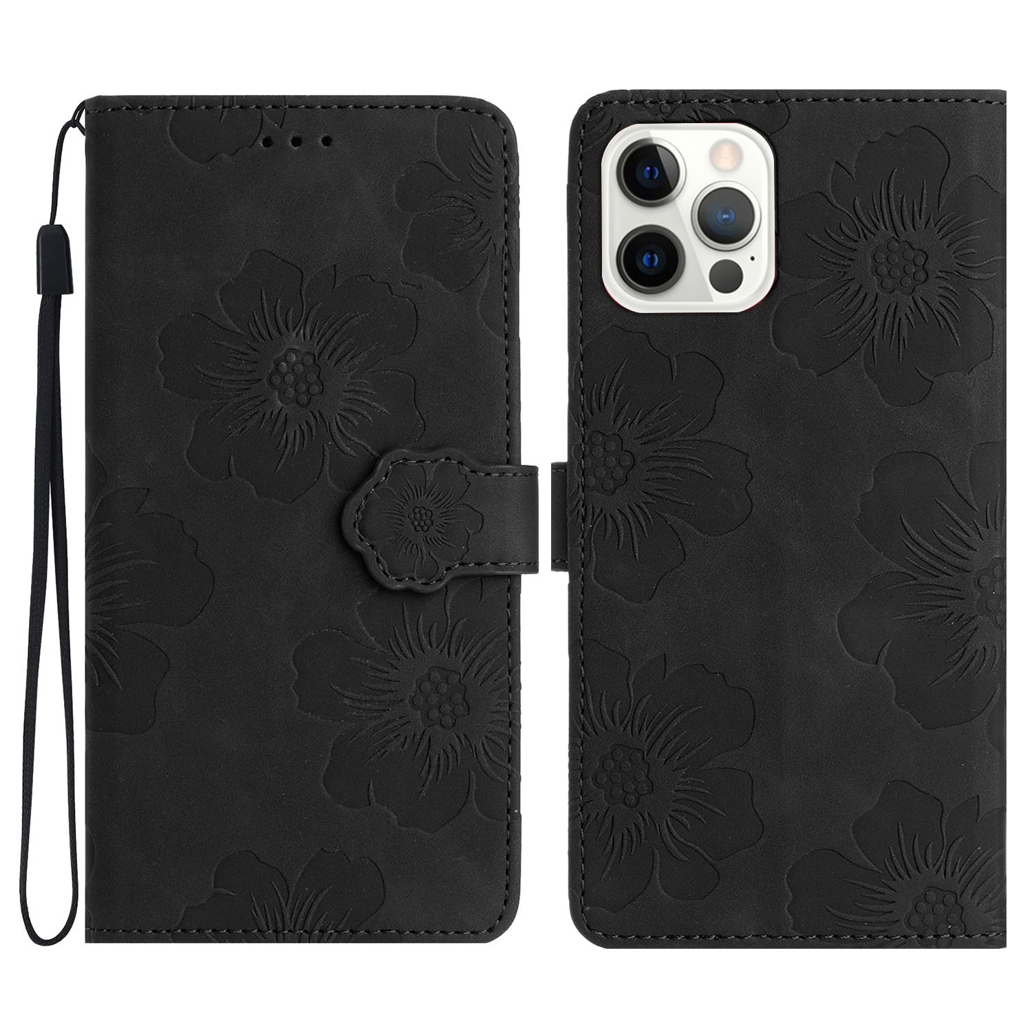 

Für Iphone 15 Pro Flowers Eingeprägte Leder-telefonabdeckung Drop-proof-brieftaschenstand Hülle - Schwarz, iPhone 15 Pro