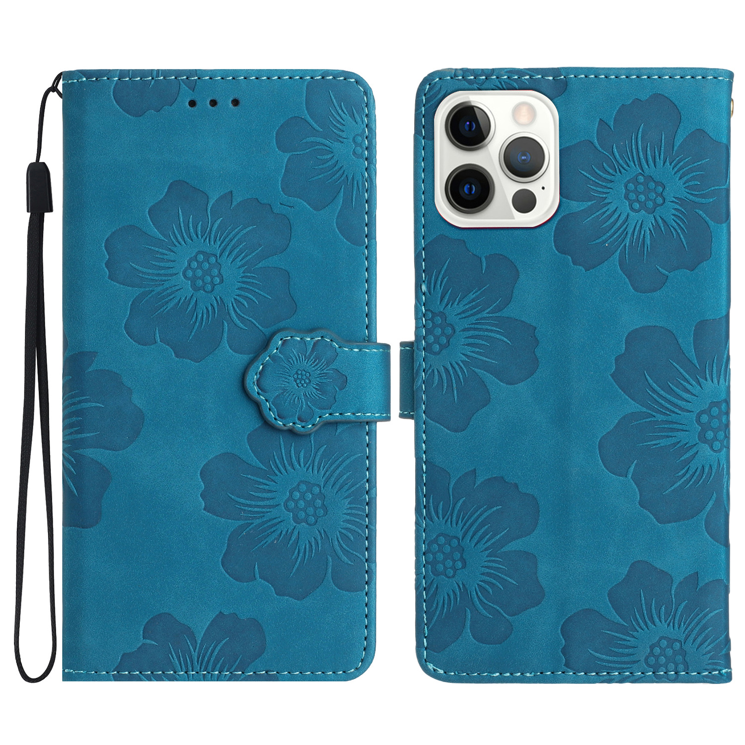 

Für Iphone 15 Pro Flowers Eingeprägte Leder-telefonabdeckung Drop-proof-brieftaschenstand Hülle - Blau, iPhone 15 Pro