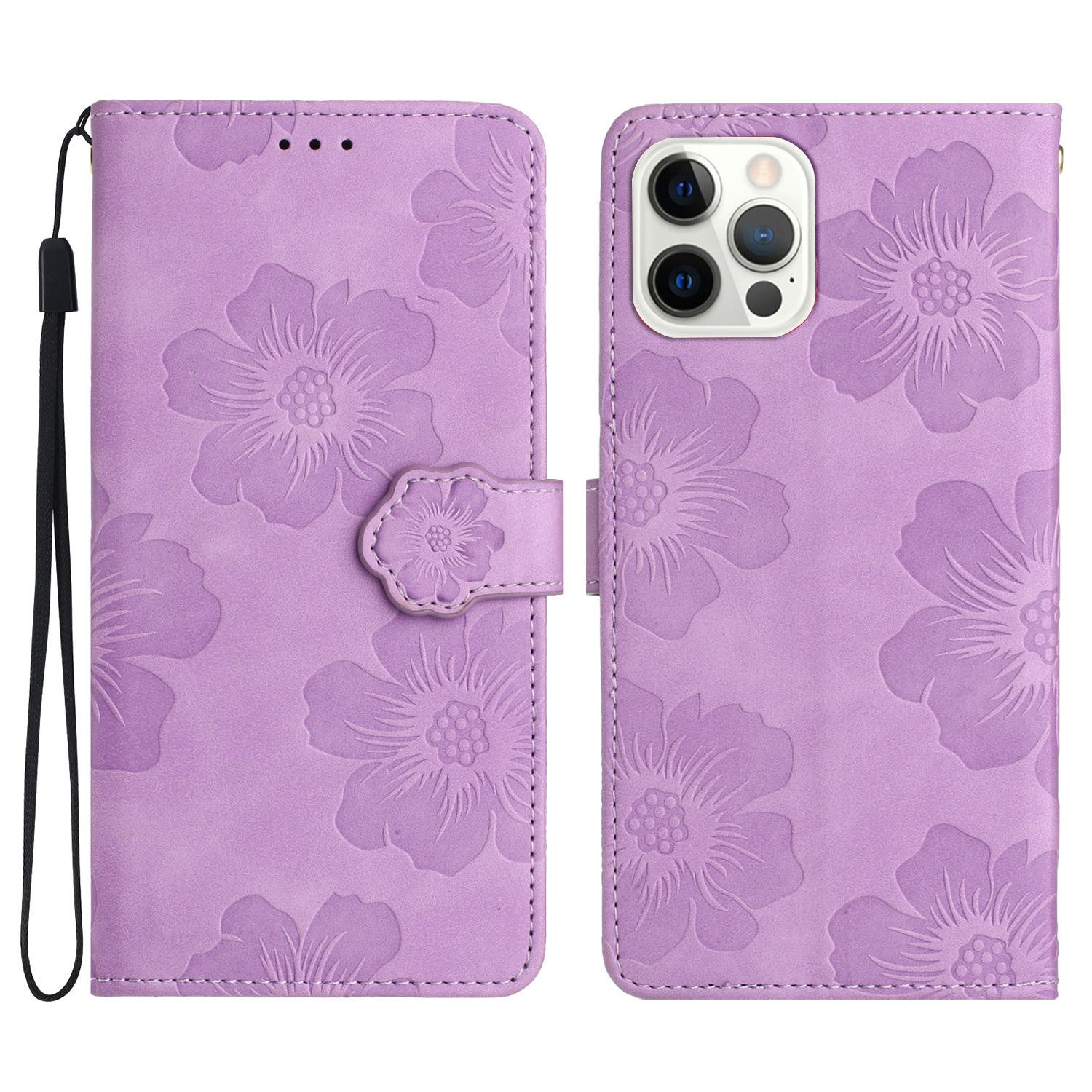 

Für Iphone 15 Pro Flowers Eingeprägte Leder-telefonabdeckung Drop-proof-brieftaschenstand Hülle - Lila, iPhone 15 Pro