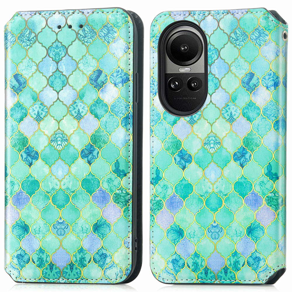 

Caseneo 001 -serie Für Oppo Reno10 5G Muster Druck Telefonständer Hülle RFID Blocking Wallet Lederabdeckung - Smaragd, Oppo Reno10 5G (Global)