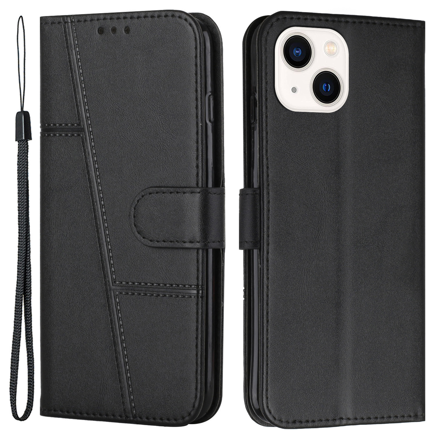 

Für Iphone 15 PU Lederständer Folio Deckelte Textur Brieftasche Telefonhülle Mit Riemen - Schwarz, iPhone 15