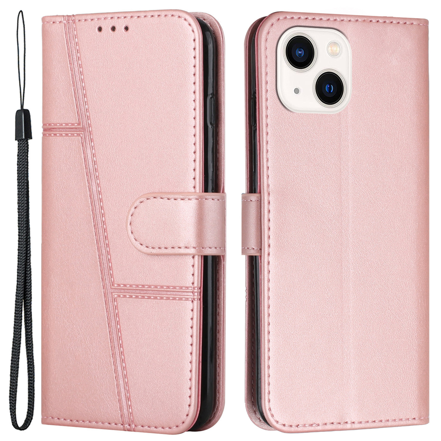 

Für Iphone 15 PU Lederständer Folio Deckelte Textur Brieftasche Telefonhülle Mit Riemen - Roségold, iPhone 15