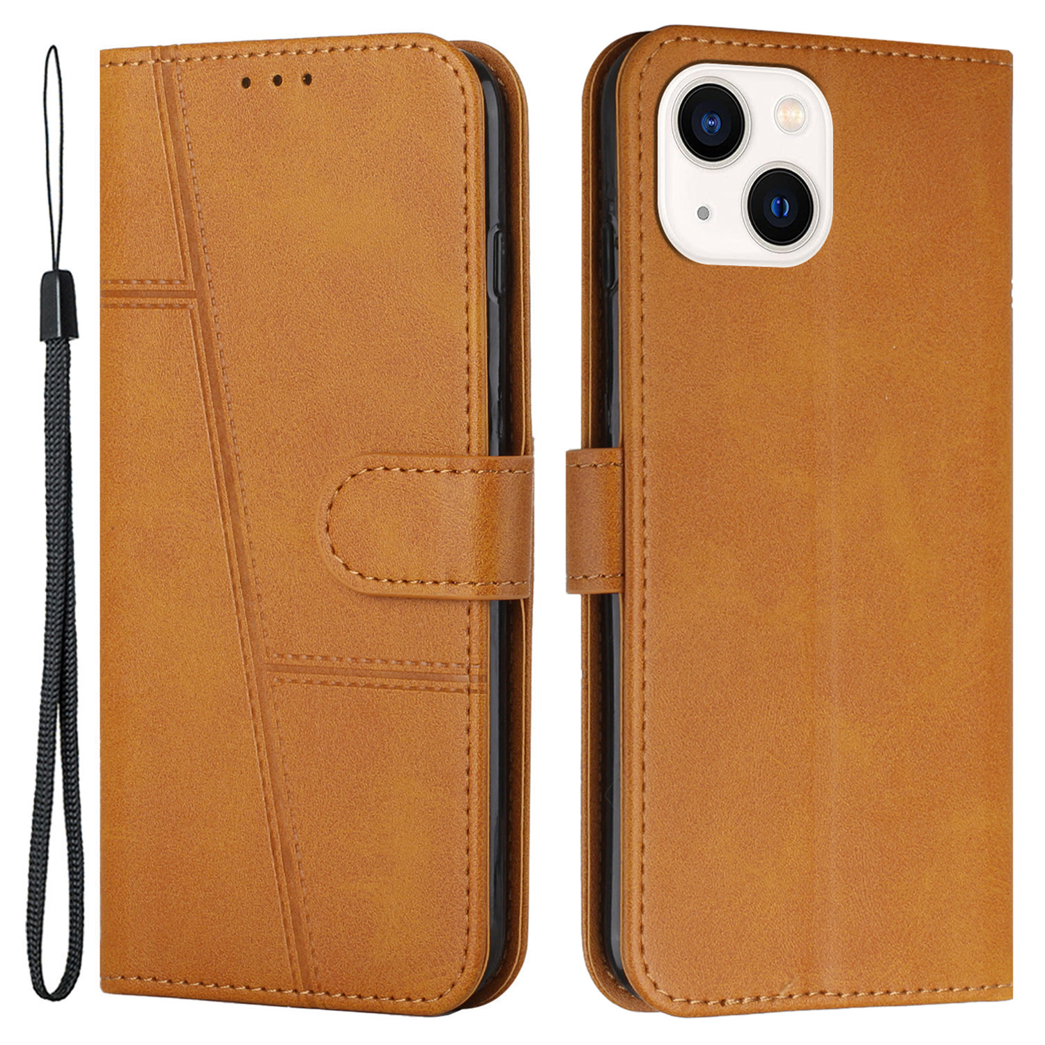 

Für Iphone 15 PU Lederständer Folio Deckelte Textur Brieftasche Telefonhülle Mit Riemen - Gelb, iPhone 15