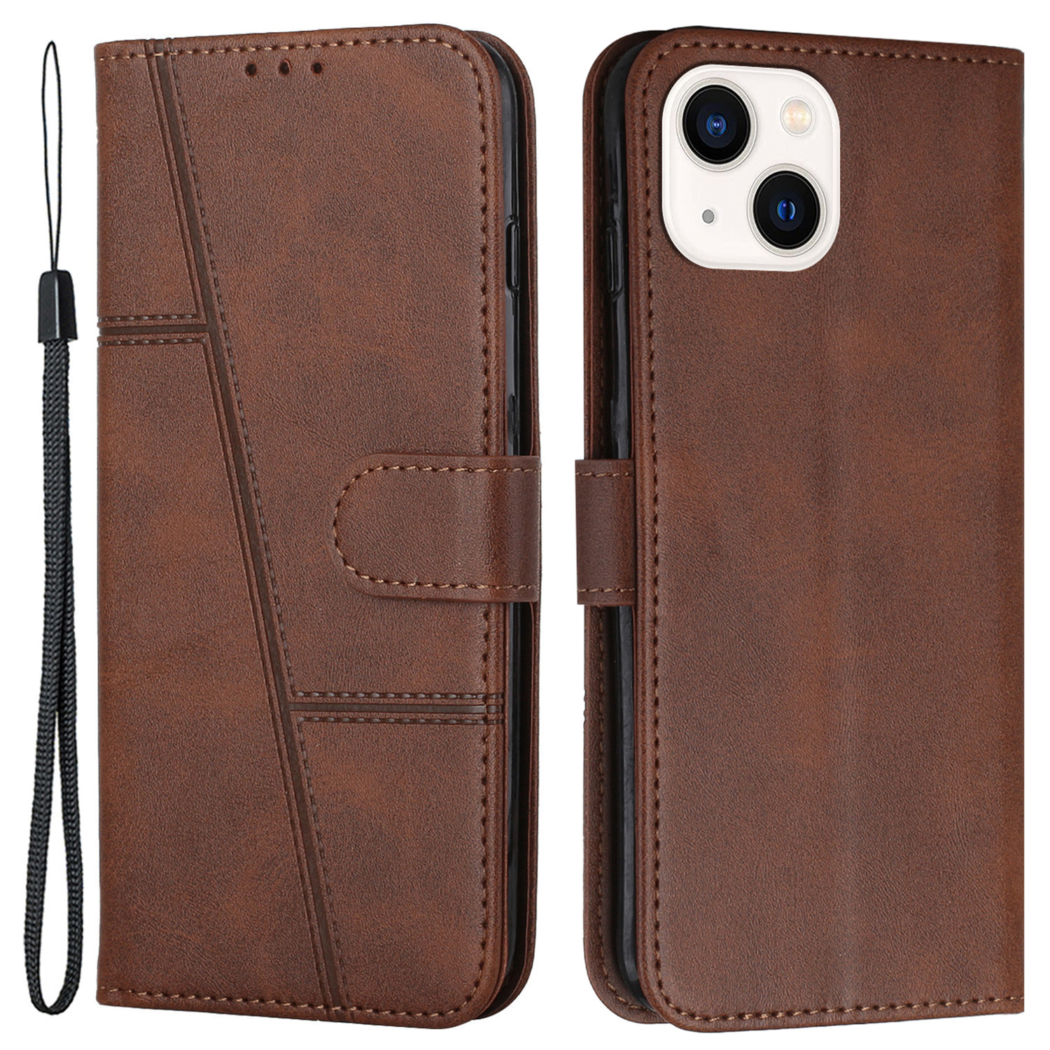 

Für Iphone 15 PU Lederständer Folio Deckelte Textur Brieftasche Telefonhülle Mit Riemen - Braun, iPhone 15