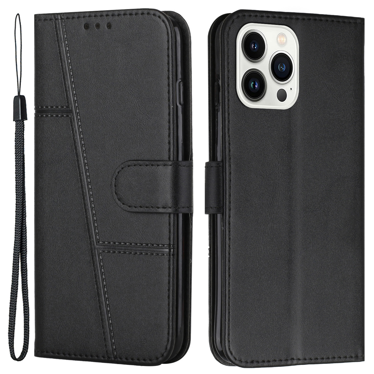 

Für Iphone 15 Pro Wallet Hülle PU Lederständer Caif Textur Telefonabdeckung Mit Riemen - Schwarz, iPhone 15 Pro