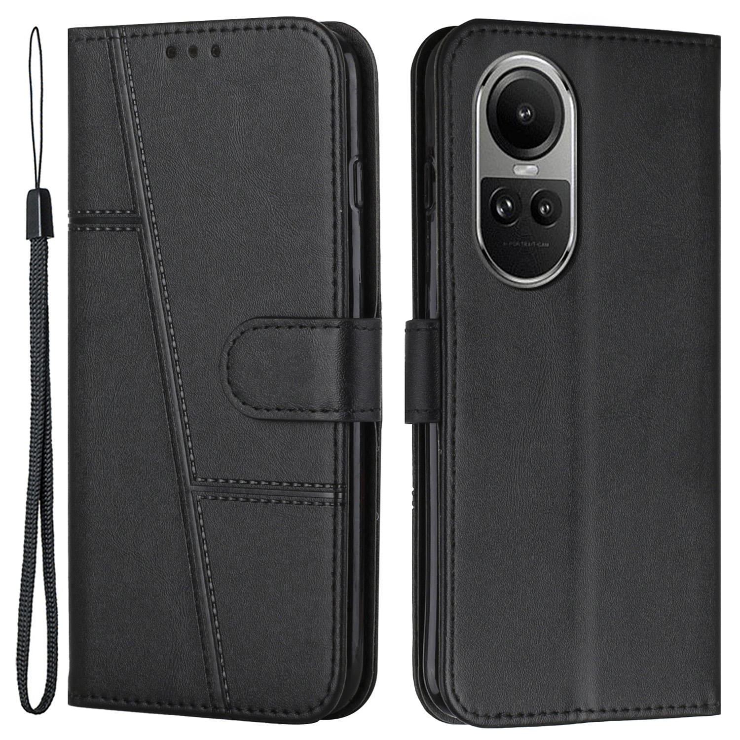 

PU Lederstand Telefonabdeckung Für Oppo Reno10 5G / Reno10 Pro 5g, Kalbstextur Stoßdämpfer Brieftasche Hülle - Schwarz, Oppo Reno10 5G (Global)