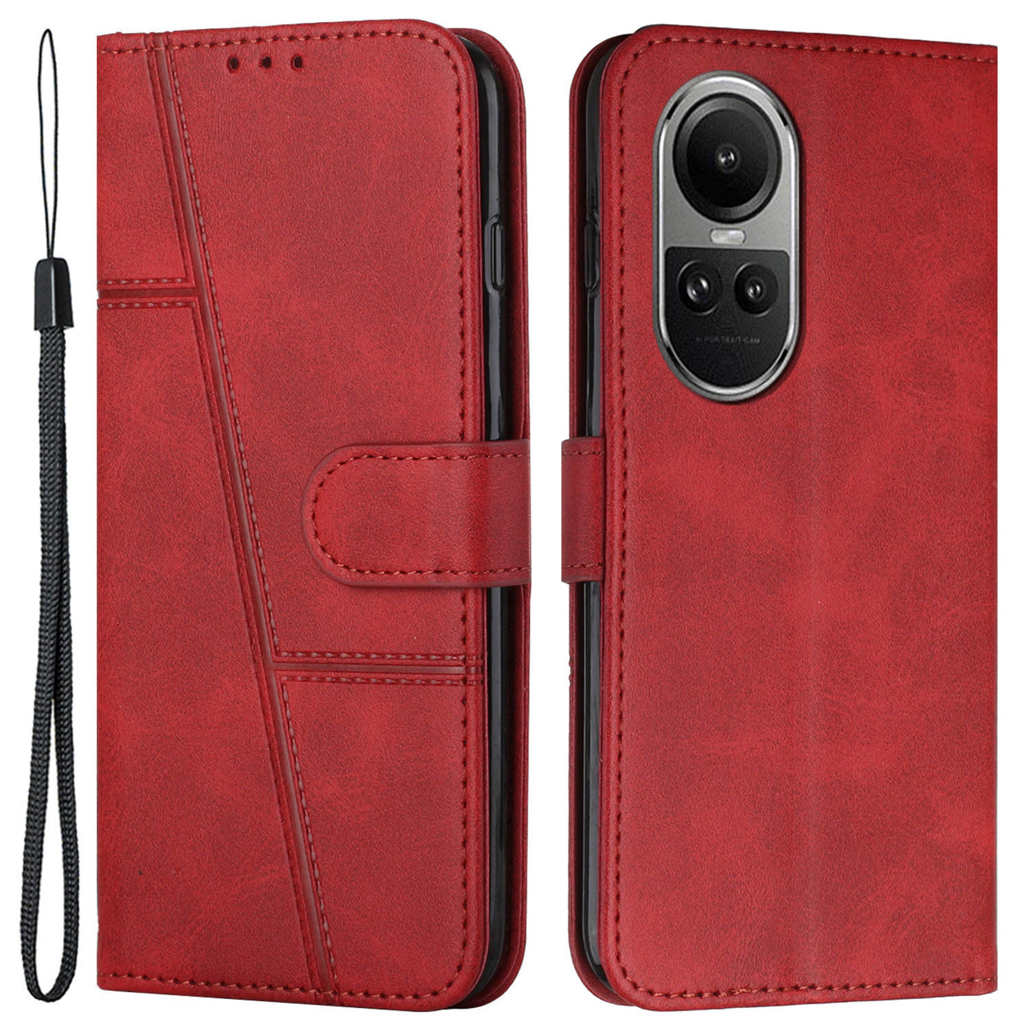 

PU Lederstand Telefonabdeckung Für Oppo Reno10 5G / Reno10 Pro 5g, Kalbstextur Stoßdämpfer Brieftasche Hülle - Rot, Oppo Reno10 5G (Global)