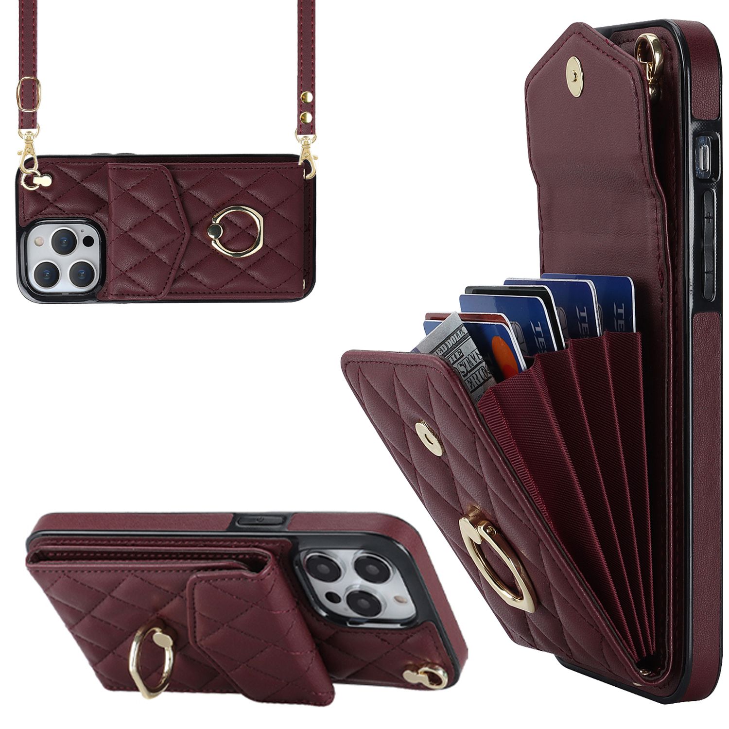 

Für Iphone 13 Pro Max 6,7 Zoll RFID Blocking Phone Hülle Mehrere Kartensteckplätze Ring Kickstand PU+TPU -telefonabdeckung - Weinrot, iPhone 13 Pro Max
