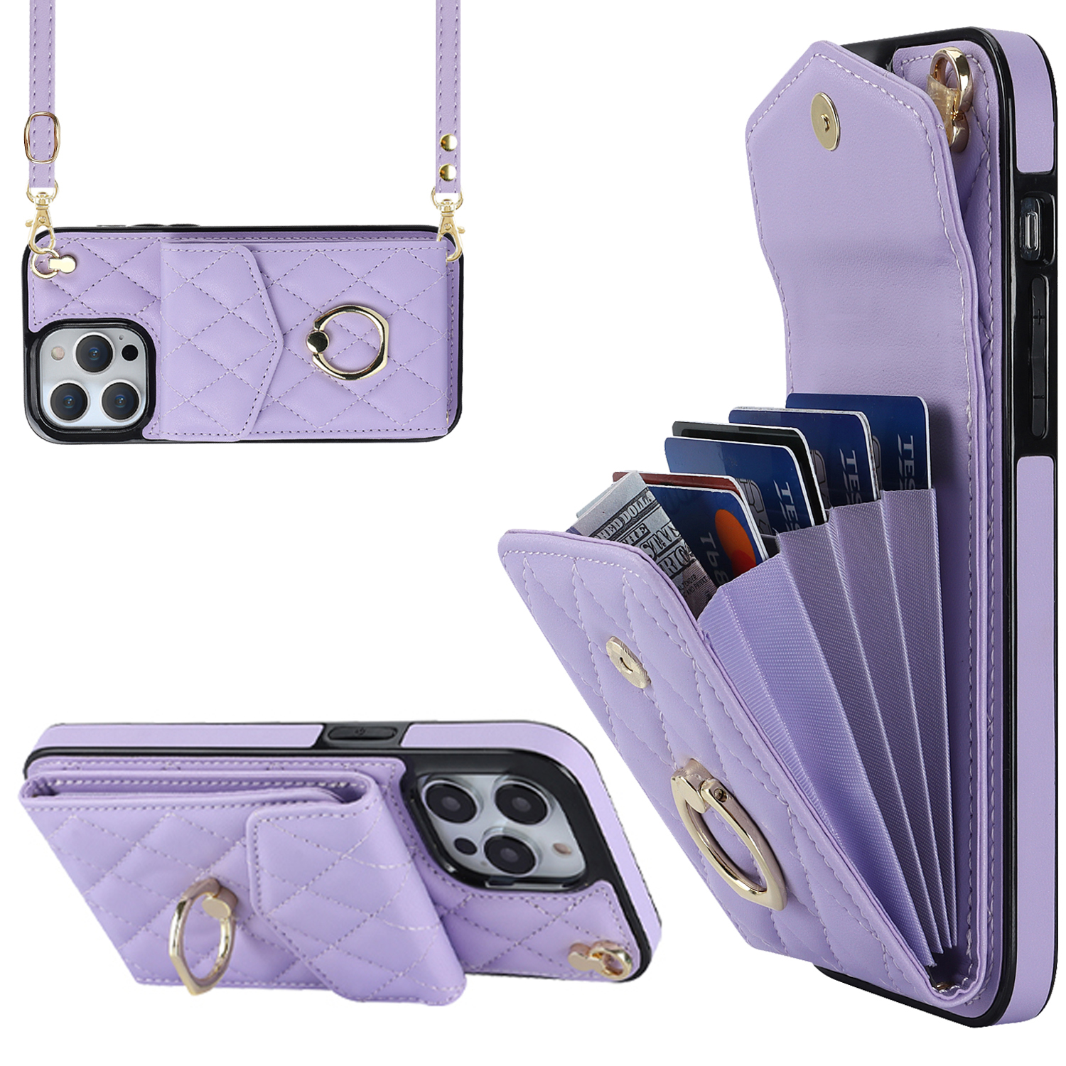 

Für Iphone 13 Pro Max 6,7 Zoll RFID Blocking Phone Hülle Mehrere Kartensteckplätze Ring Kickstand PU+TPU -telefonabdeckung - Lila, iPhone 13 Pro Max