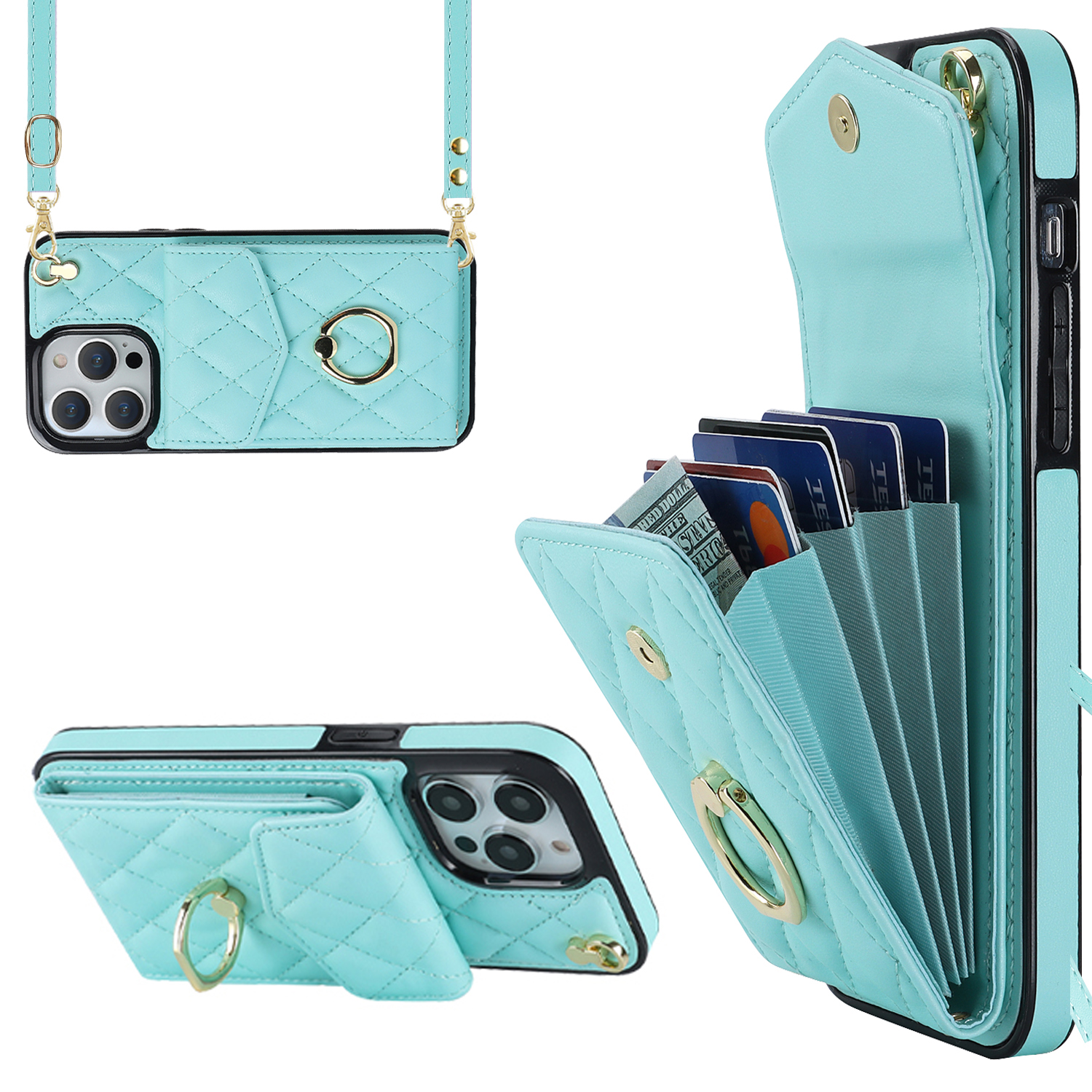 

Rückcover Für Iphone 14 Pro RFID Blockieren Sie Mehrere Kartensteckplätze Ring Kickstand PU Leder+tpu -telefonhülle - Minzgrün, iPhone 14 Pro