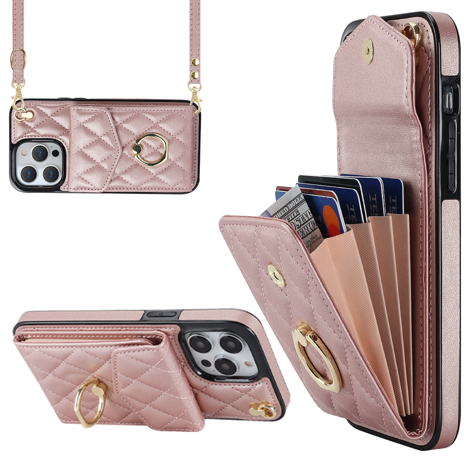 

Rückcover Für Iphone 14 Pro RFID Blockieren Sie Mehrere Kartensteckplätze Ring Kickstand PU Leder+tpu -telefonhülle - Roségold, iPhone 14 Pro