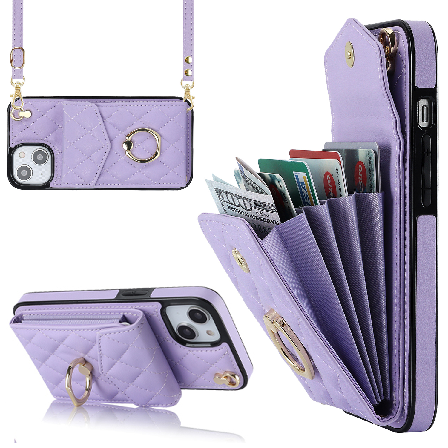 

Für Das Iphone 15 Rfid-blockierung Telefonhülle Mehrere Kartensteckplätze Ring Kickstand PU Leder+tpu Fall-proof Cover - Lila, iPhone 15
