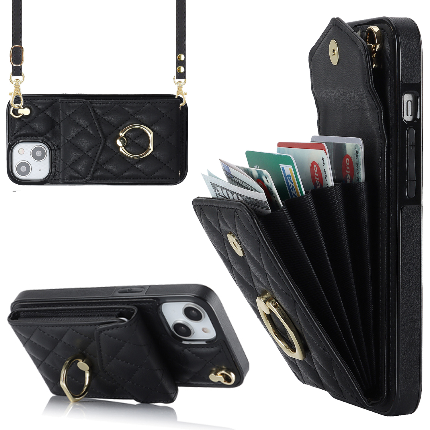 

Für Das Iphone 15 Rfid-blockierung Telefonhülle Mehrere Kartensteckplätze Ring Kickstand PU Leder+tpu Fall-proof Cover - Schwarz, iPhone 15