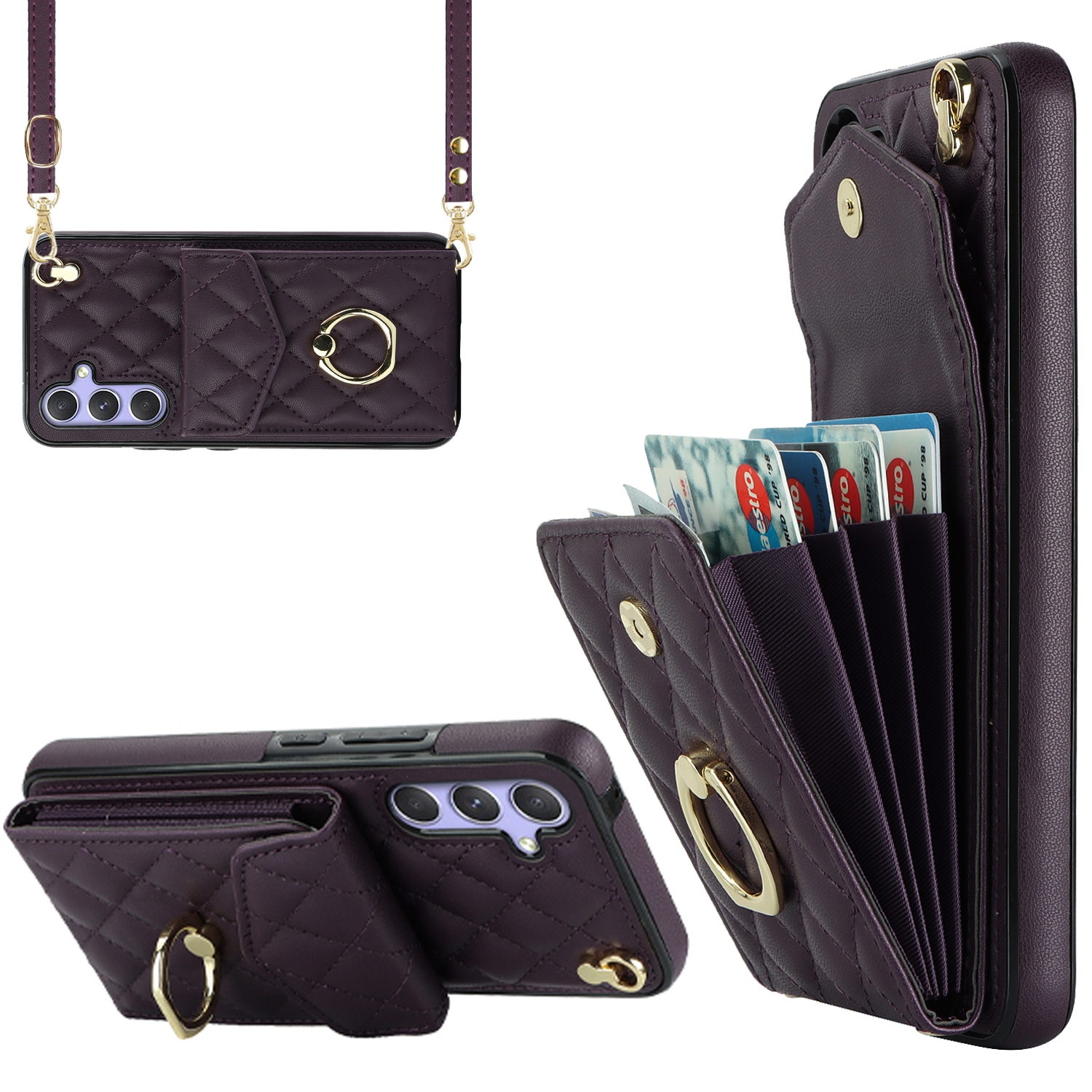 

Ringkickständer Hülle Für Samsung Galaxy A54 5g, PU Leder+tpu Mehrere Kartensteckplätze RFID -blockierung Telefonabdeckung - Dunkelviolett, Galaxy A54 5G