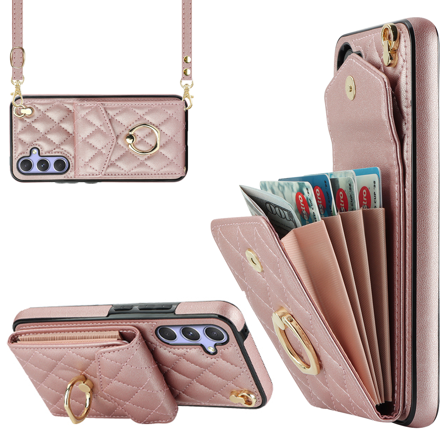 

Ringkickständer Hülle Für Samsung Galaxy A54 5g, PU Leder+tpu Mehrere Kartensteckplätze RFID -blockierung Telefonabdeckung - Roségold, Galaxy A54 5G