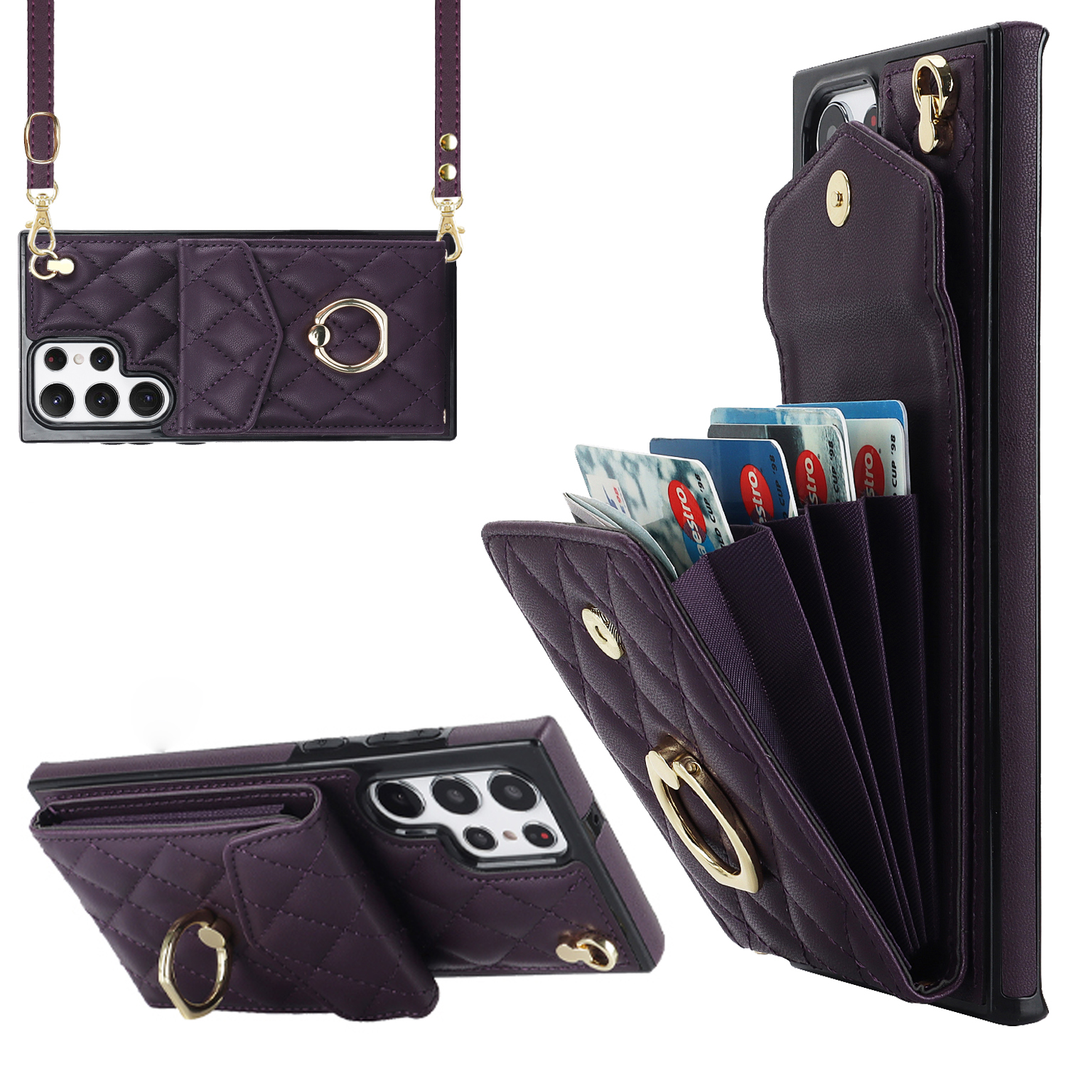 

Anti-drogen-telefonhülle Für Samsung Galaxy S23 Ultra, PU Leder+tpu Ring Kickstand Mehrere Kartensteckplätze Rfid-blockierabdeckung - Dunkelviolett, Galaxy S23 Ultra