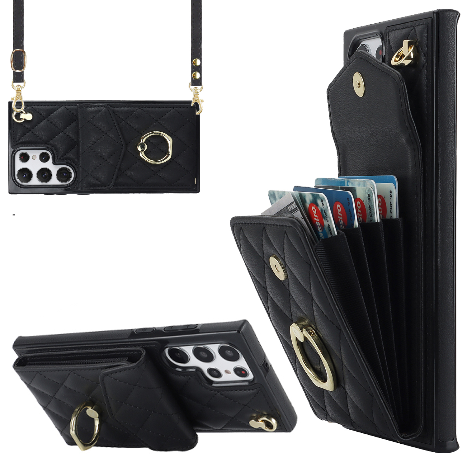 

Anti-drogen-telefonhülle Für Samsung Galaxy S23 Ultra, PU Leder+tpu Ring Kickstand Mehrere Kartensteckplätze Rfid-blockierabdeckung - Schwarz, Galaxy S23 Ultra