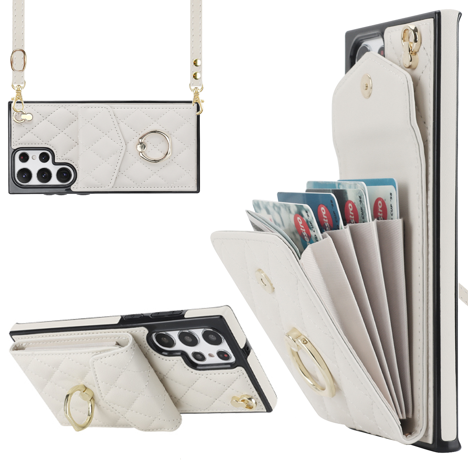 

Anti-drogen-telefonhülle Für Samsung Galaxy S23 Ultra, PU Leder+tpu Ring Kickstand Mehrere Kartensteckplätze Rfid-blockierabdeckung - Beige, Galaxy S23 Ultra
