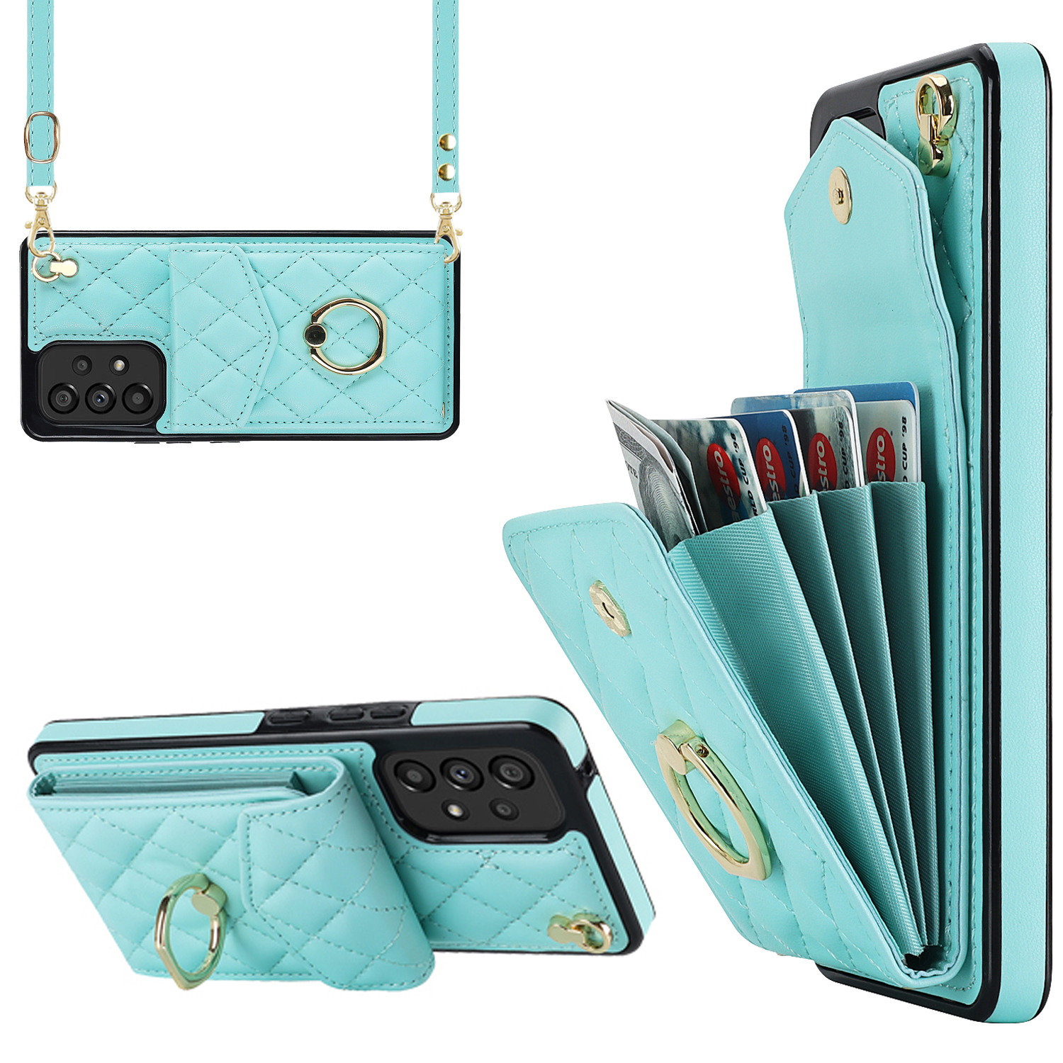

Mobiltelefon Zurückkoffer Für Samsung Galaxy A13 4G / 5G PU Leder+tpu Ring Kickstand Mehrfachkarten -slots RFID -blockierabdeckung - Minzgrün, Galaxy A13 4G