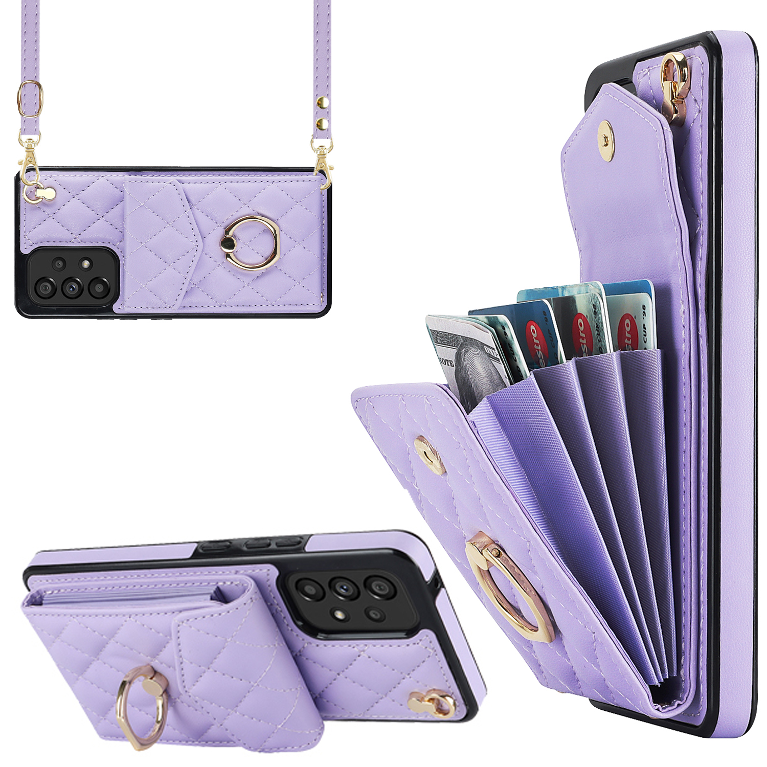 

Mobiltelefon Zurückkoffer Für Samsung Galaxy A13 4G / 5G PU Leder+tpu Ring Kickstand Mehrfachkarten -slots RFID -blockierabdeckung - Lila, Galaxy A13 4G