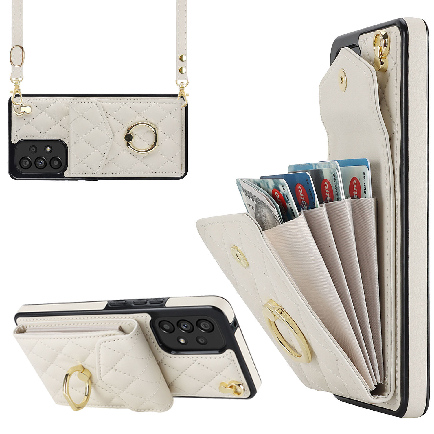 

Mobiltelefon Zurückkoffer Für Samsung Galaxy A13 4G / 5G PU Leder+tpu Ring Kickstand Mehrfachkarten -slots RFID -blockierabdeckung - Beige, Galaxy A13 4G