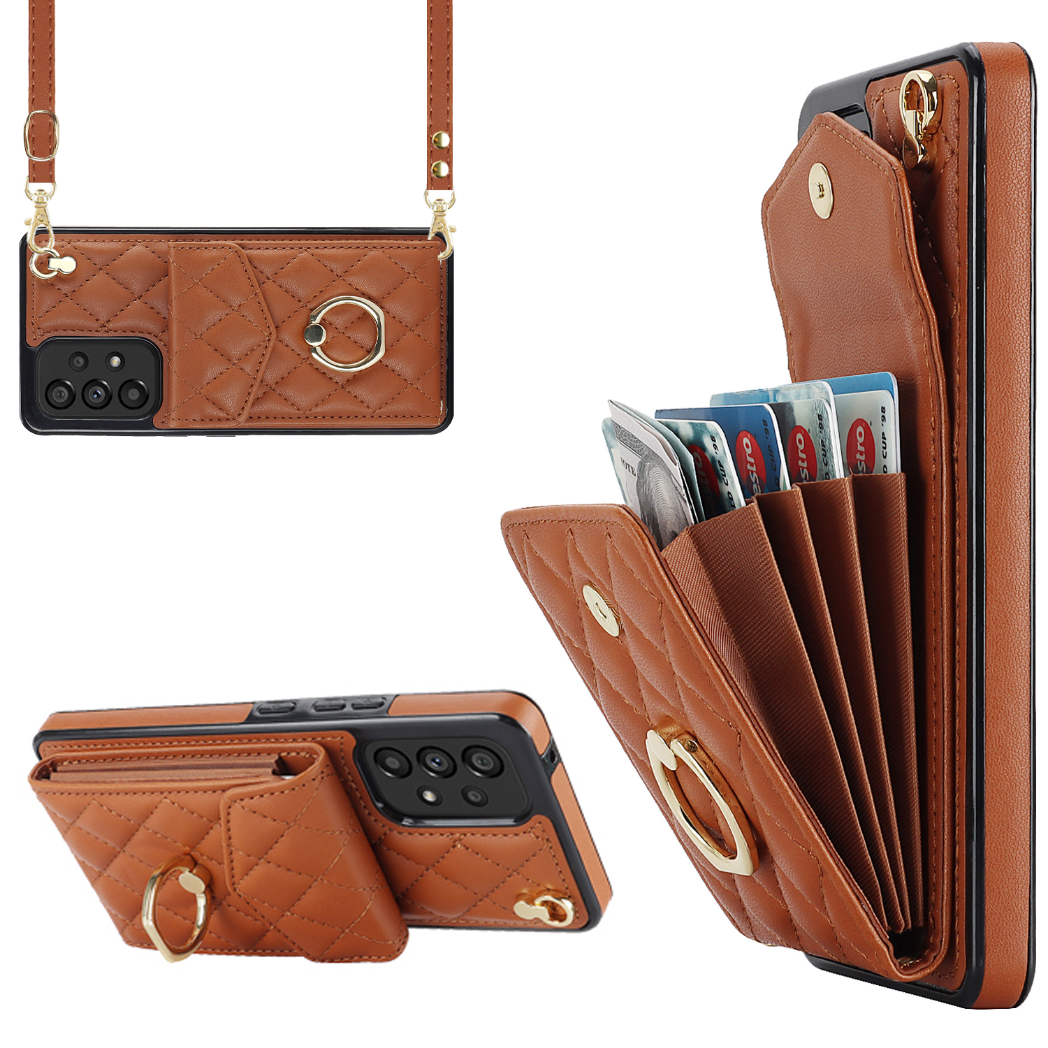 

Mobiltelefon Zurückkoffer Für Samsung Galaxy A13 4G / 5G PU Leder+tpu Ring Kickstand Mehrfachkarten -slots RFID -blockierabdeckung - Braun, Galaxy A13 4G