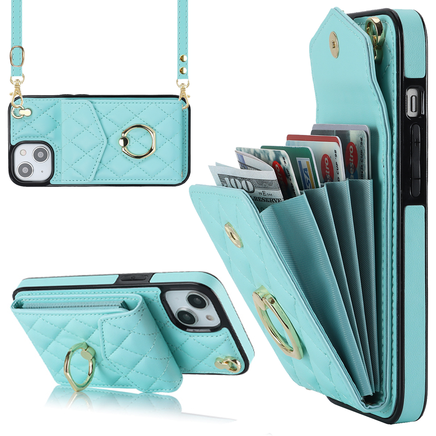 

Für Iphone 14 Plus Mehrere Kartensteckplätze RFID Blockierende PU -leder+tpu -telefonhülle Ring -kickstand -cover - Minzgrün, iPhone 14 Plus