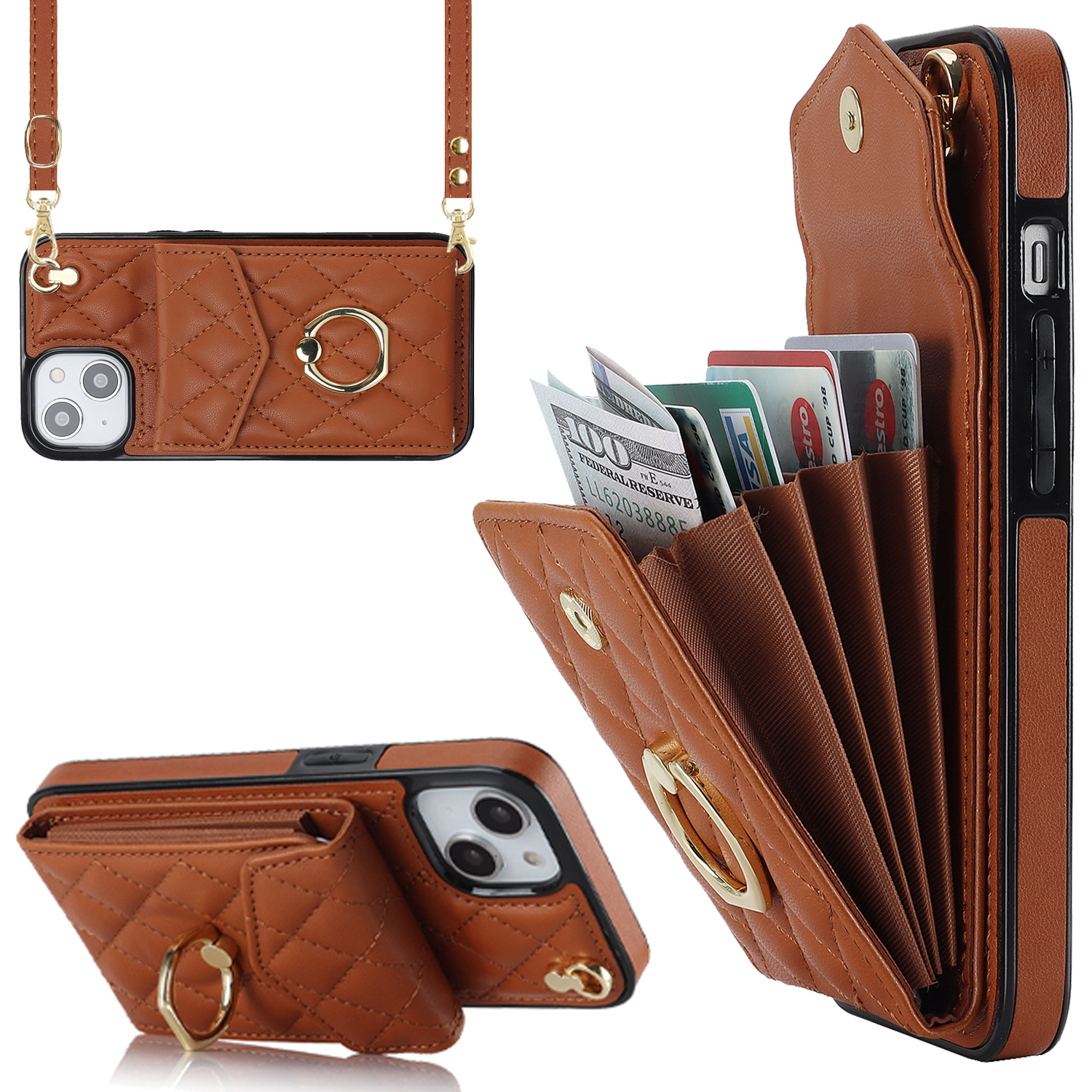 

Für Iphone 14 Plus Mehrere Kartensteckplätze RFID Blockierende PU -leder+tpu -telefonhülle Ring -kickstand -cover - Braun, iPhone 14 Plus