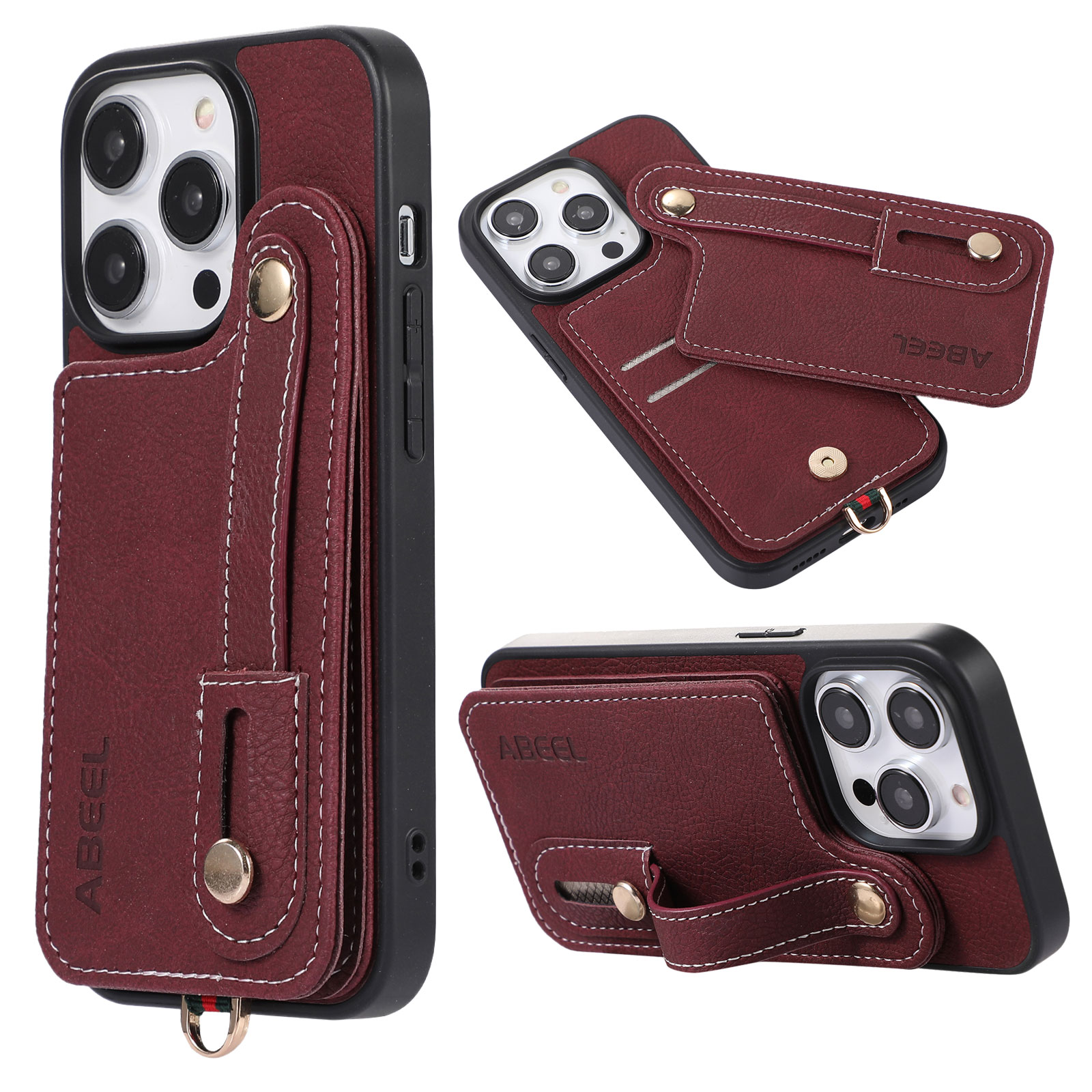 

ABEEL Style 03 PU Lederbeschichtete TPU+PC -shell Für Iphone 15 Pro Max, Kickstand -karten -slots Litchi Textur Telefonabdeckung - Purpurrot, iPhone 15 Pro Max