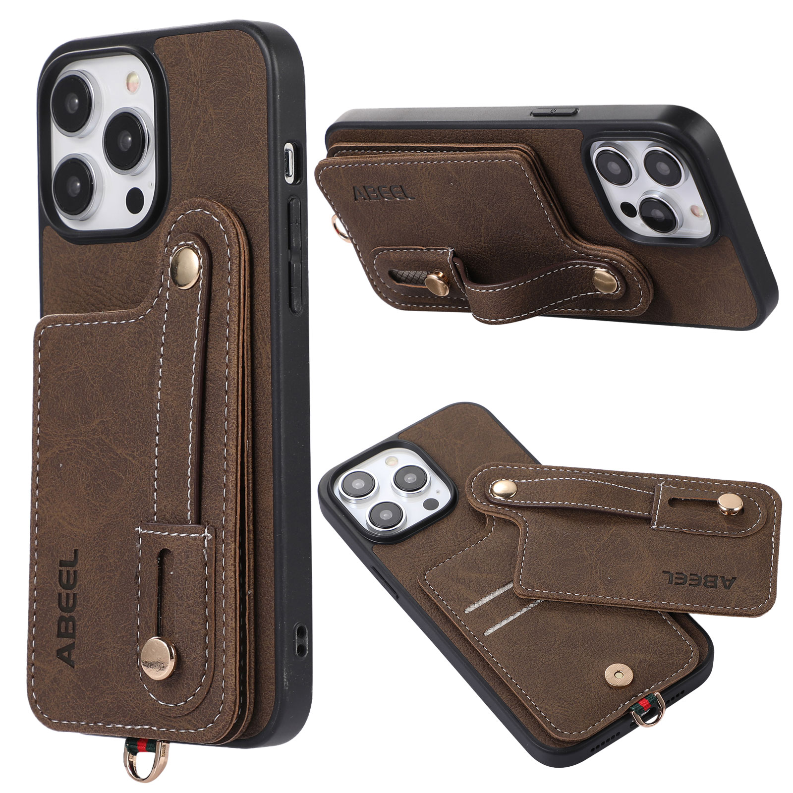 

ABEEL Style 03 PU Lederbeschichtete TPU+PC -shell Für Iphone 15 Pro Max, Kickstand -karten -slots Litchi Textur Telefonabdeckung - Khaki, iPhone 15 Pro Max