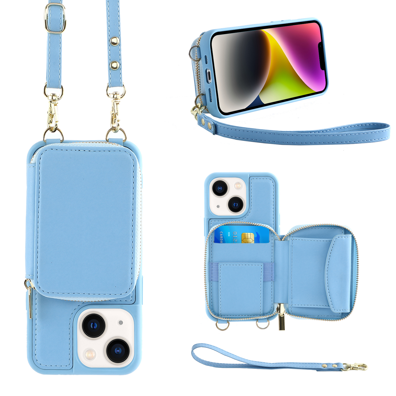 

Zipper -brieftaschen -telefonhülle Für Iphone 15 Plus, Kickstand -rfid -blockierung Von PU -lederbeschichteten TPU -cover - Himmelblau, iPhone 15 Plus