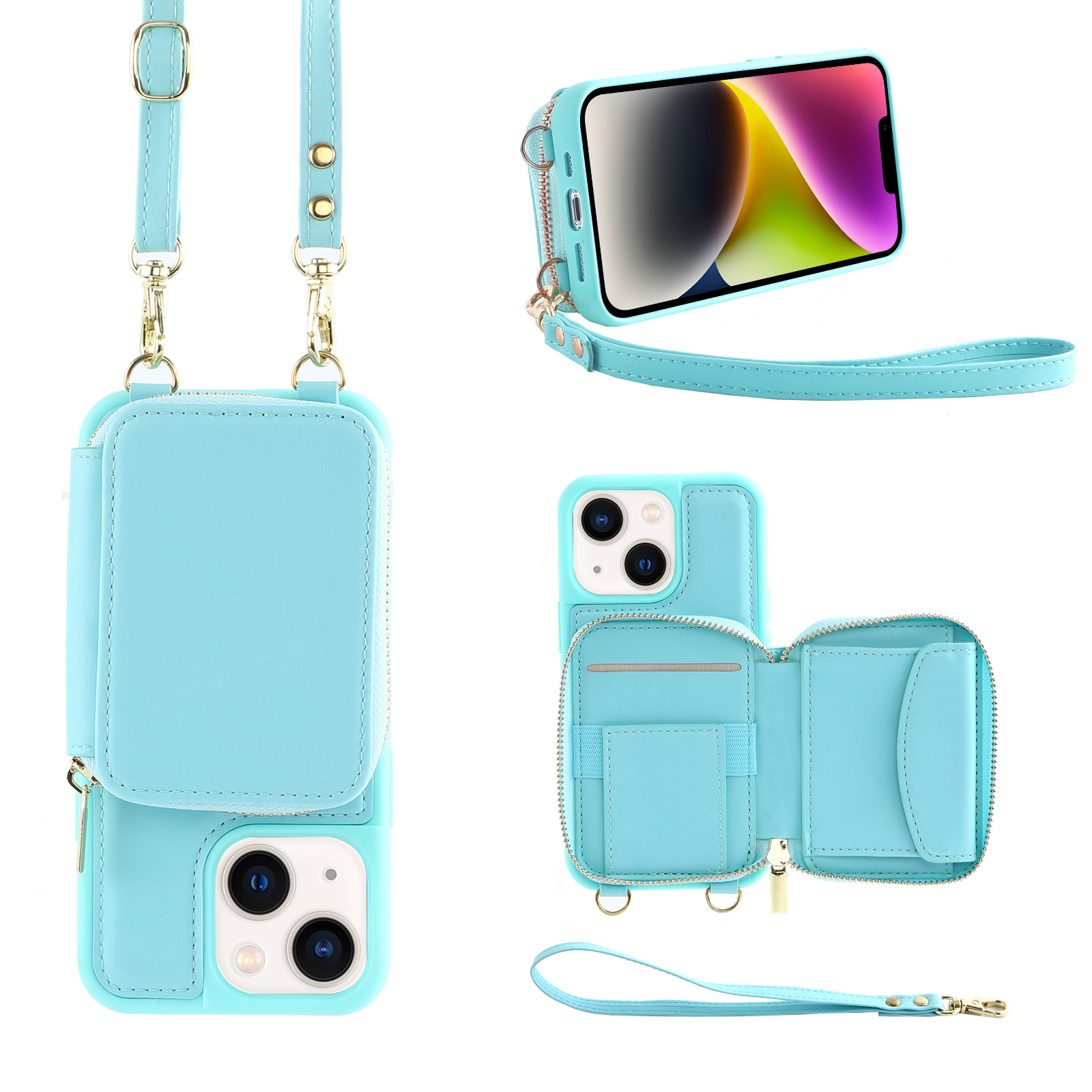 

Zipper -brieftaschen -telefonhülle Für Iphone 15 Plus, Kickstand -rfid -blockierung Von PU -lederbeschichteten TPU -cover - Minzgrün, iPhone 15 Plus