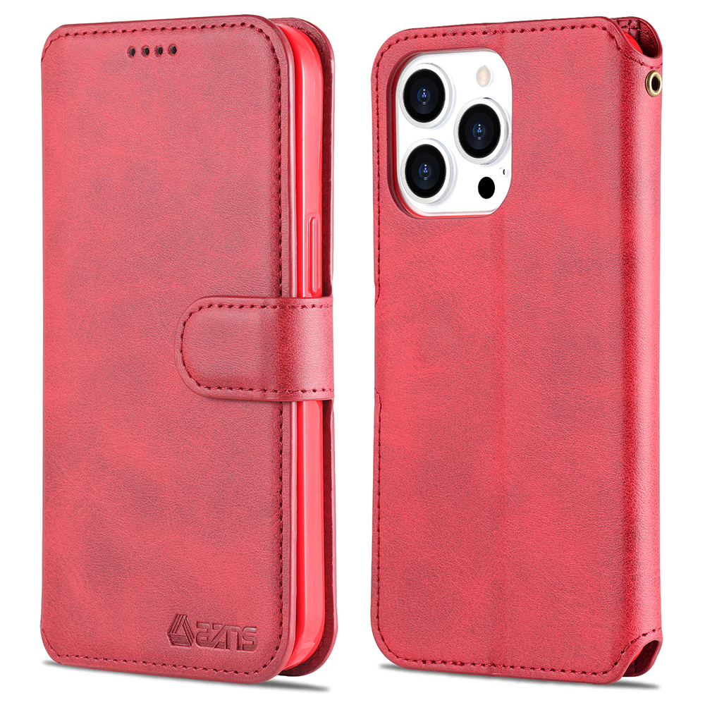 

AZNS Für Iphone 15 Pro Max Phone Hülle Brieftasche Kälber Texturständer PU Leder+tpu Telefonabdeckung - Rot, iPhone 15 Pro Max